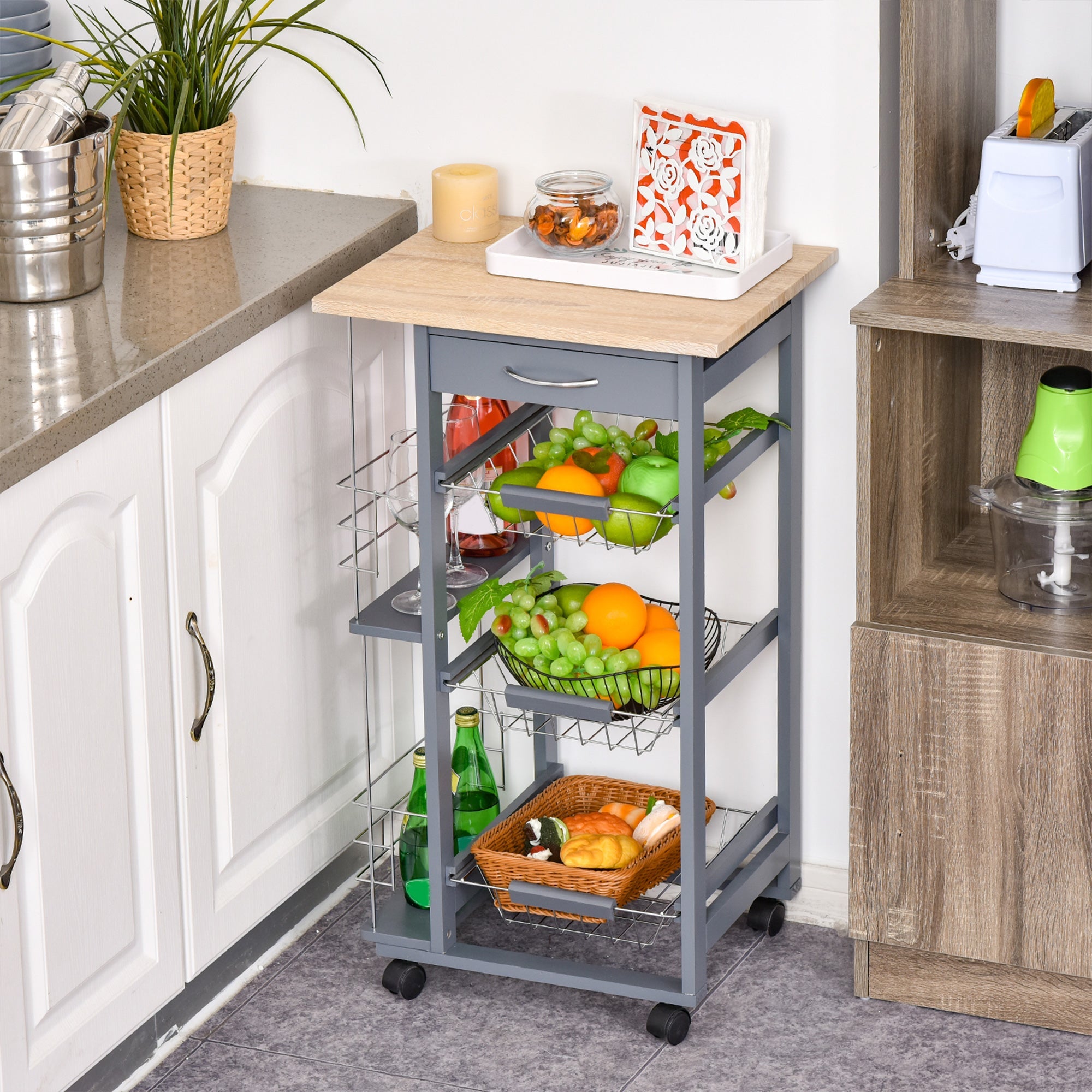 Easycomfort Carrello da Cucina with Cassetti Estraibili e 2 Portabottiglie, in Legno di Pino e Metallo, 47x37x83 cm