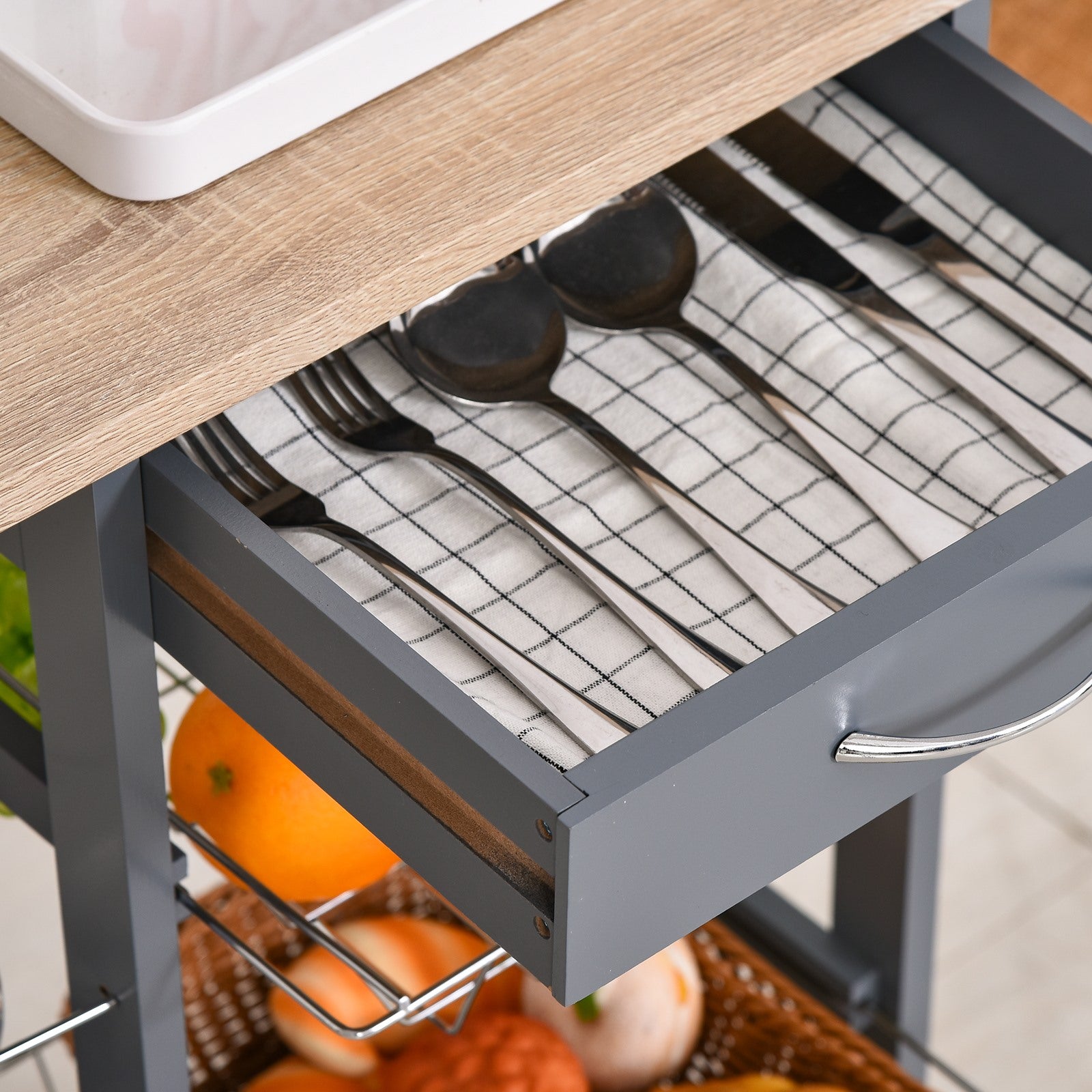 Easycomfort Carrello da Cucina with Cassetti Estraibili e 2 Portabottiglie, in Legno di Pino e Metallo, 47x37x83 cm