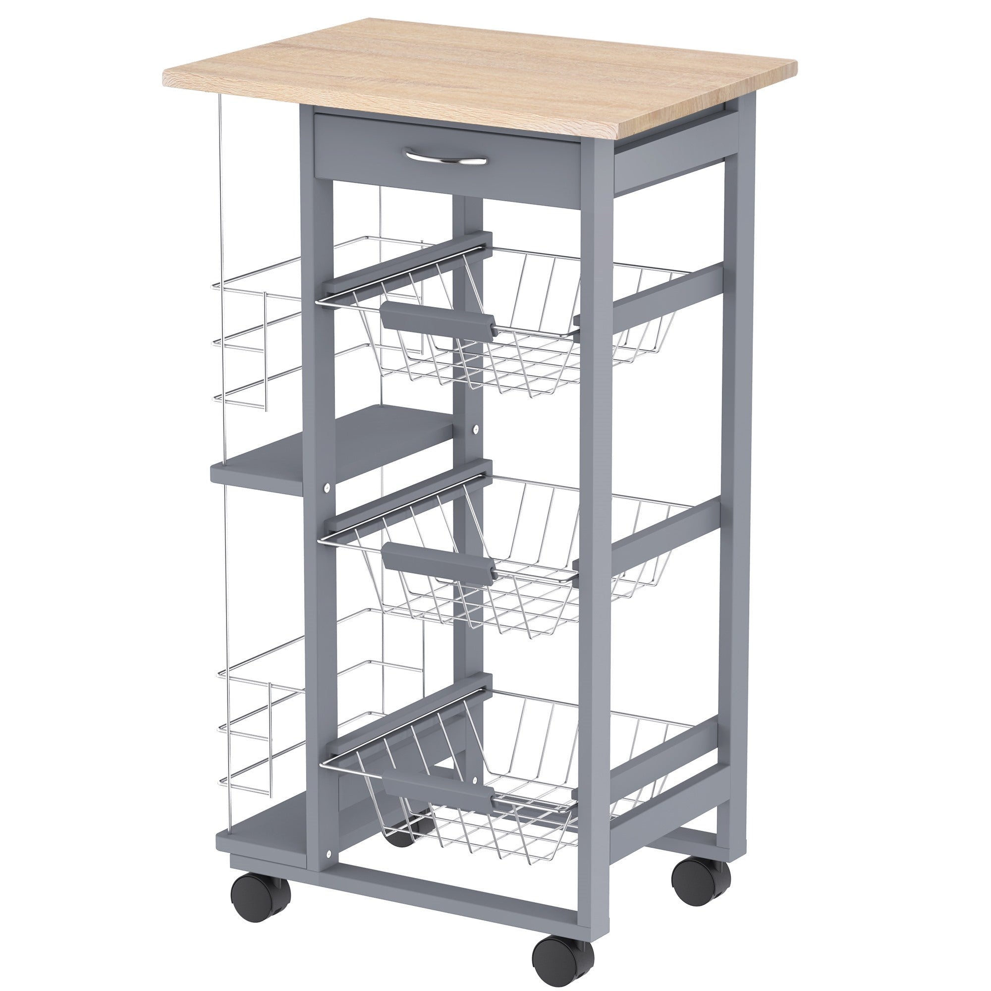 Easycomfort Carrello da Cucina with Cassetti Estraibili e 2 Portabottiglie, in Legno di Pino e Metallo, 47x37x83 cm
