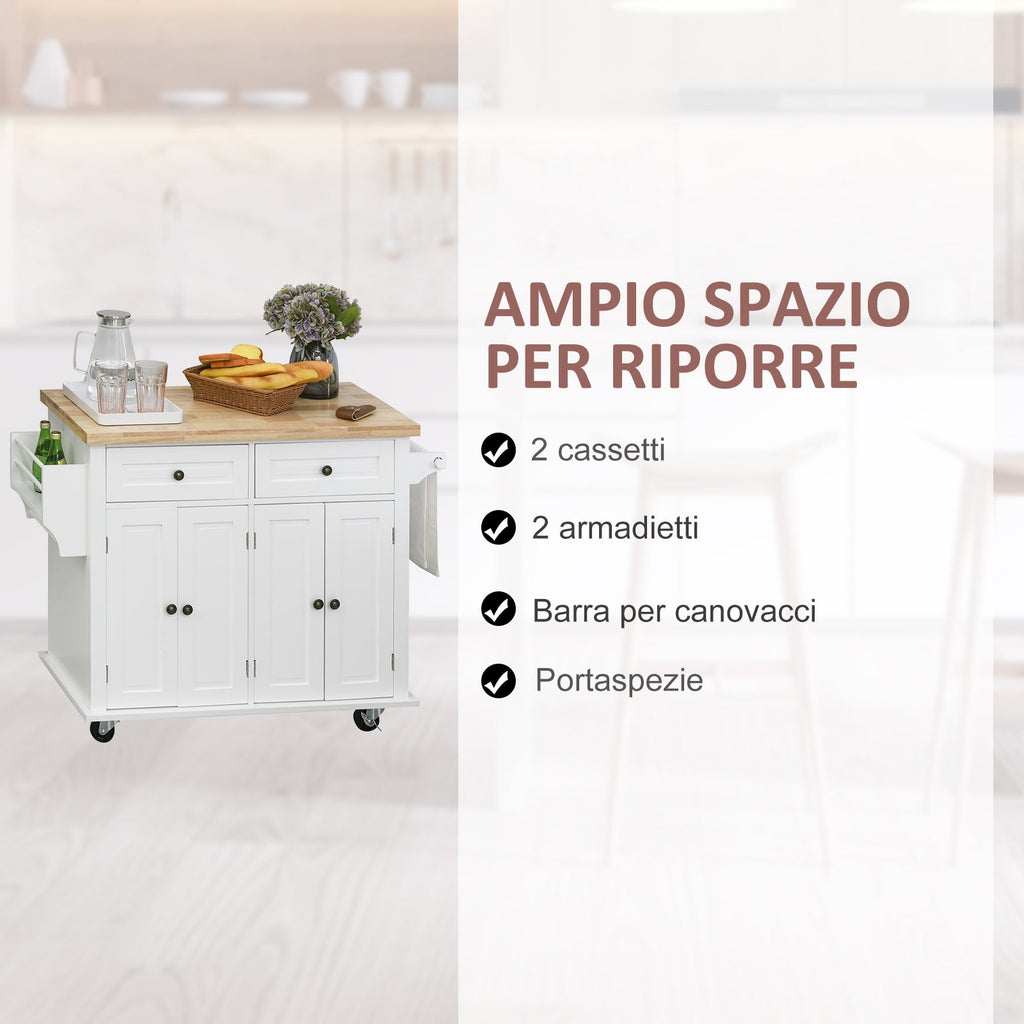 Easycomfort Carrello da Cucina Portavivande with Cassetti, Armadietti, Portaspezie e 4 Ruote, Legno, 111x44.5x82.5cm, white