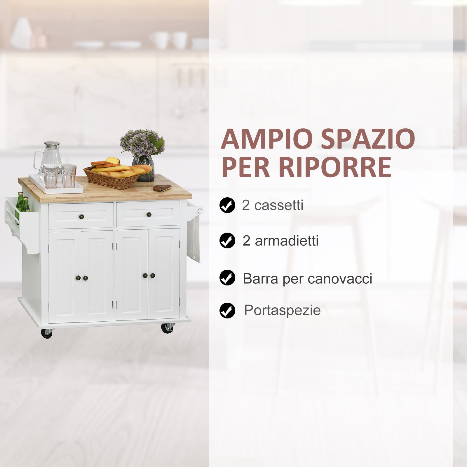 Easycomfort Carrello da Cucina Portavivande with Cassetti, Armadietti, Portaspezie e 4 Ruote, Legno, 111x44.5x82.5cm, white