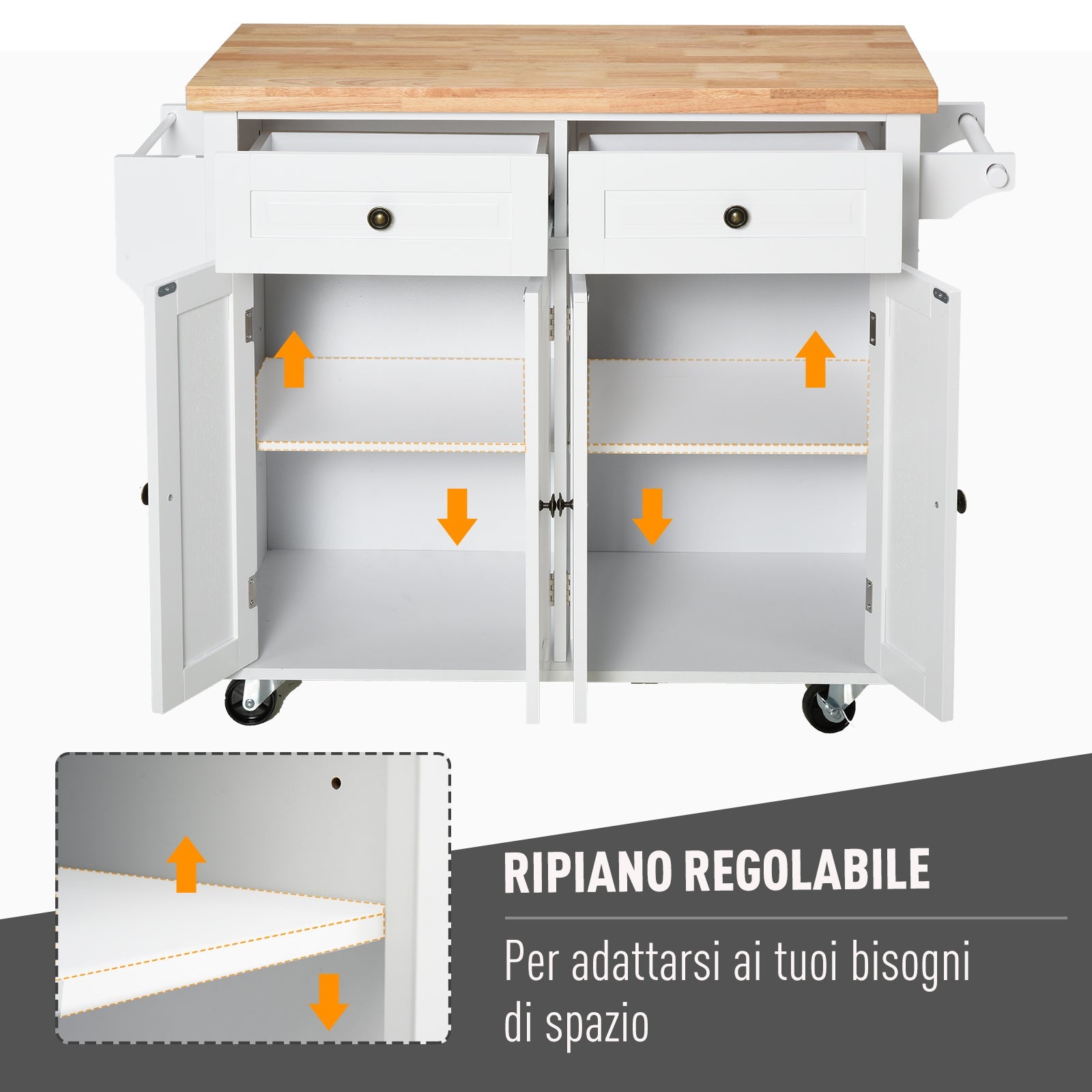 Easycomfort Carrello da Cucina Portavivande with Cassetti, Armadietti, Portaspezie e 4 Ruote, Legno, 111x44.5x82.5cm, white