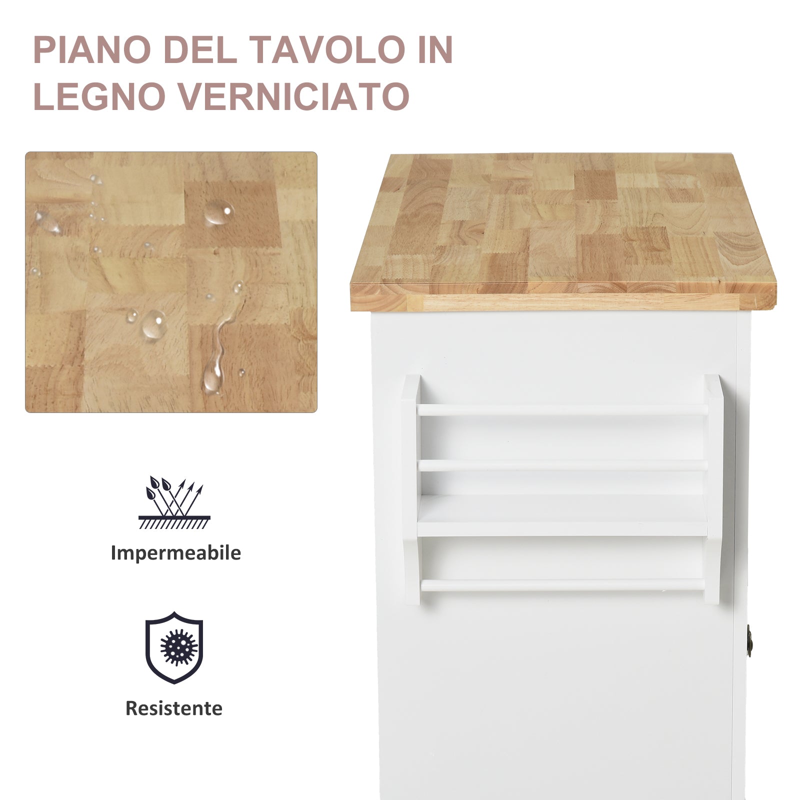 Easycomfort Carrello da Cucina Portavivande with Cassetti, Armadietti, Portaspezie e 4 Ruote, Legno, 111x44.5x82.5cm, white