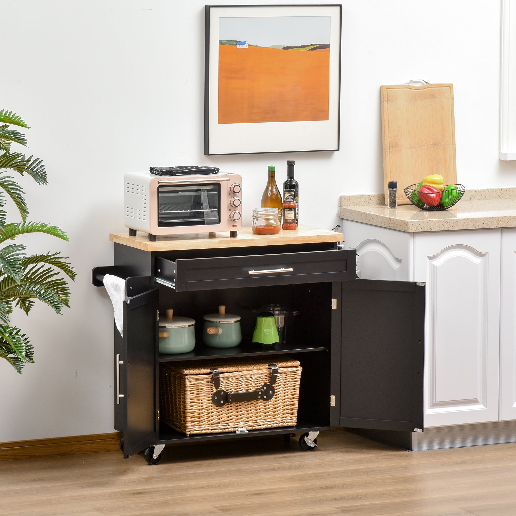 Easycomfort Carrello da Cucina with Cassetti, Portaspezie e Armadietto, Carrelloda Portata with 4 Ruote e Piano di Lavoro in Legno, 109x40x89cm, black