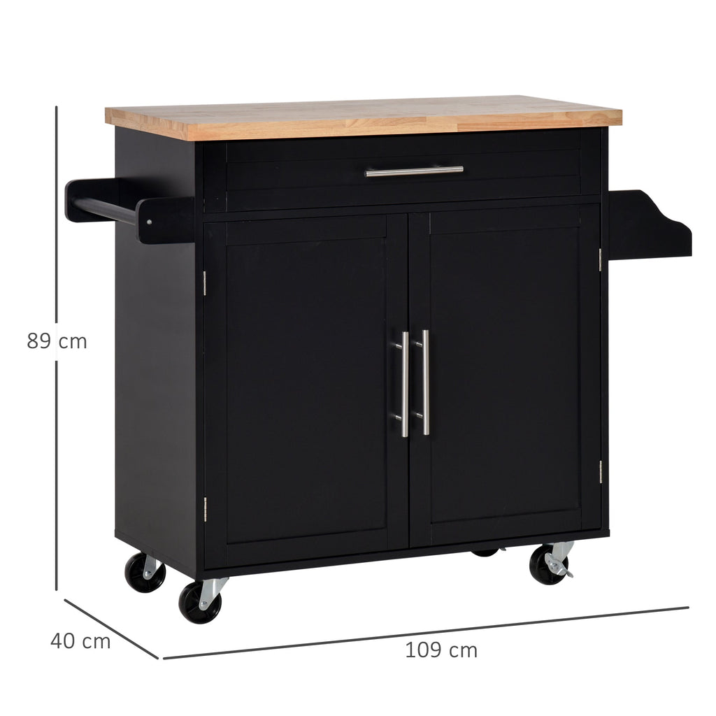 Easycomfort Carrello da Cucina with Cassetti, Portaspezie e Armadietto, Carrelloda Portata with 4 Ruote e Piano di Lavoro in Legno, 109x40x89cm, black