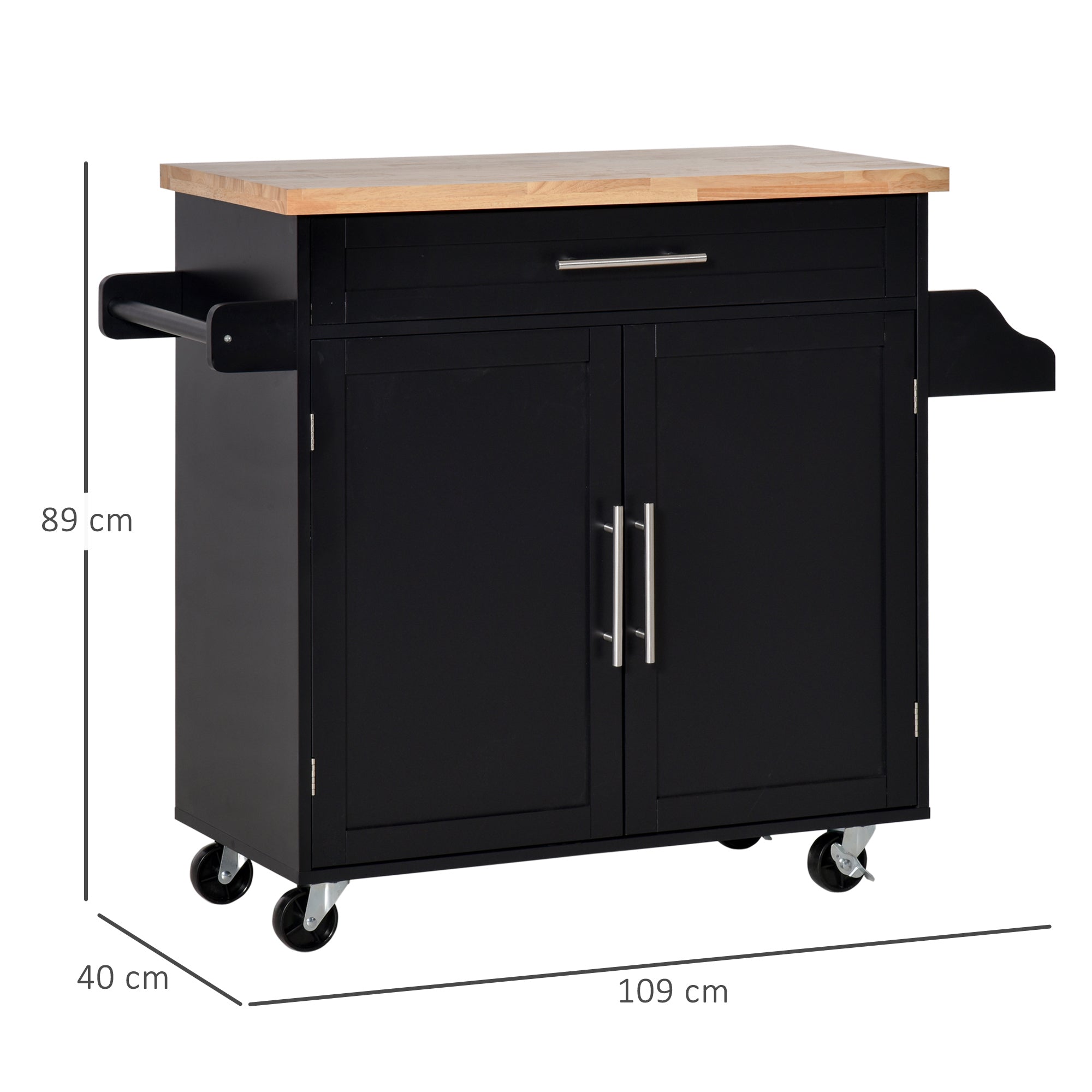 Easycomfort Carrello da Cucina with Cassetti, Portaspezie e Armadietto, Carrelloda Portata with 4 Ruote e Piano di Lavoro in Legno, 109x40x89cm, black