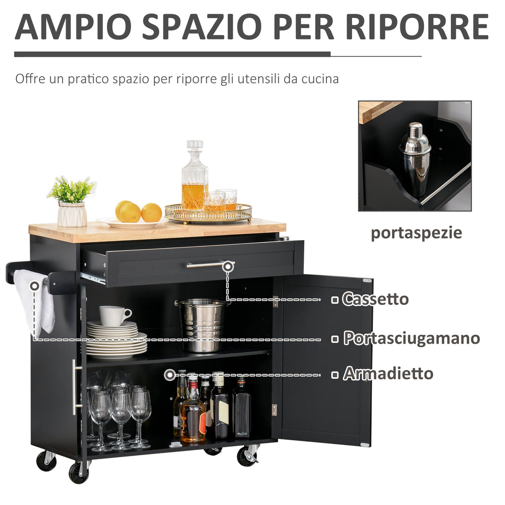Easycomfort Carrello da Cucina with Cassetti, Portaspezie e Armadietto, Carrelloda Portata with 4 Ruote e Piano di Lavoro in Legno, 109x40x89cm, black