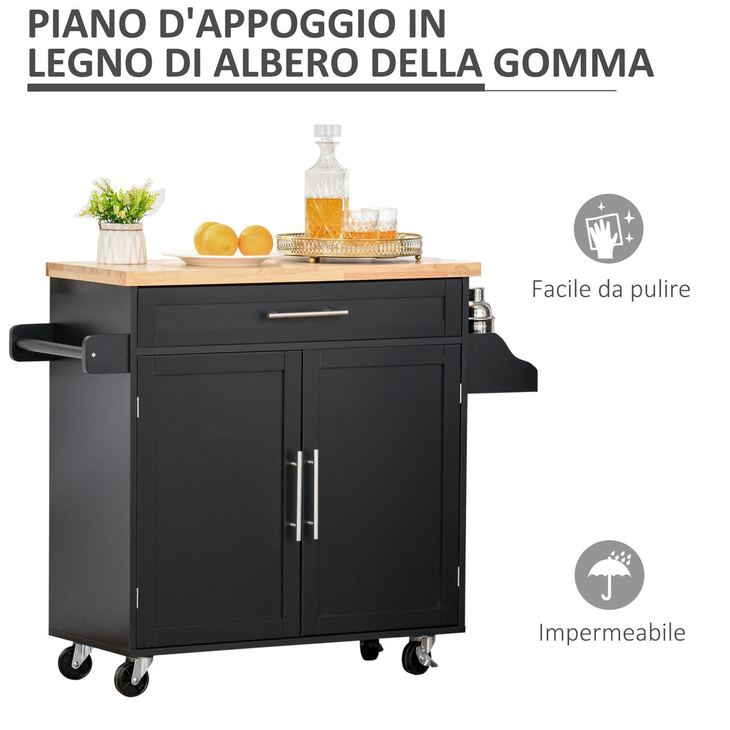 Easycomfort Carrello da Cucina with Cassetti, Portaspezie e Armadietto, Carrelloda Portata with 4 Ruote e Piano di Lavoro in Legno, 109x40x89cm, black