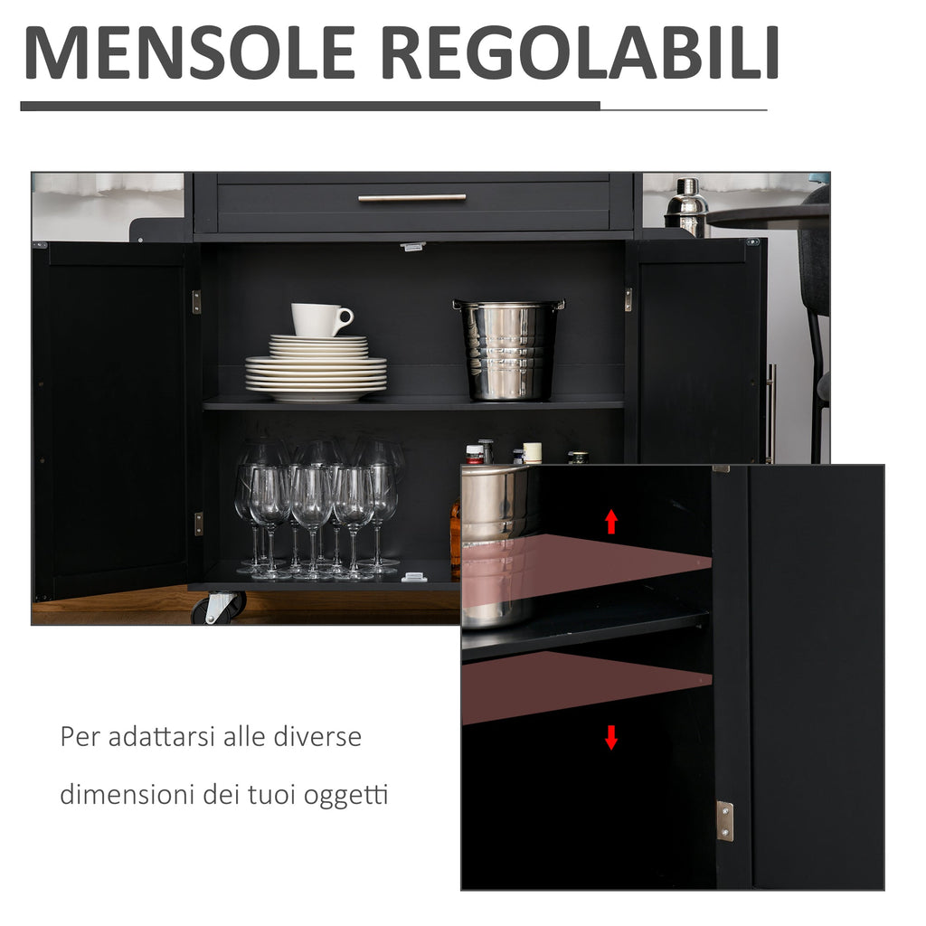 Easycomfort Carrello da Cucina with Cassetti, Portaspezie e Armadietto, Carrelloda Portata with 4 Ruote e Piano di Lavoro in Legno, 109x40x89cm, black