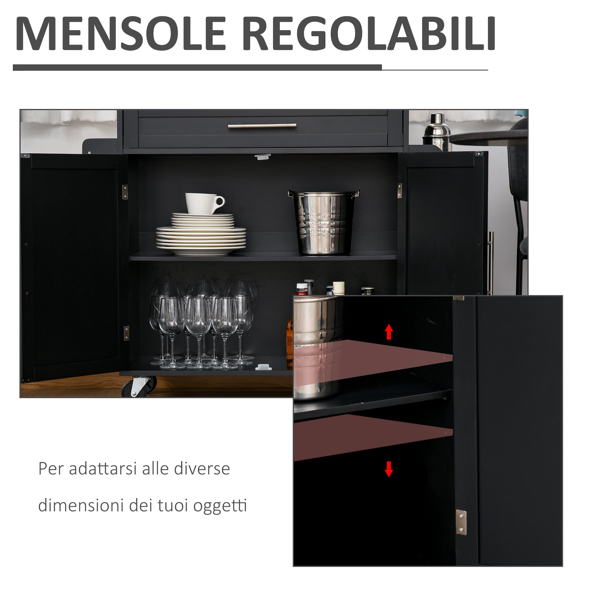 Easycomfort Carrello da Cucina with Cassetti, Portaspezie e Armadietto, Carrelloda Portata with 4 Ruote e Piano di Lavoro in Legno, 109x40x89cm, black