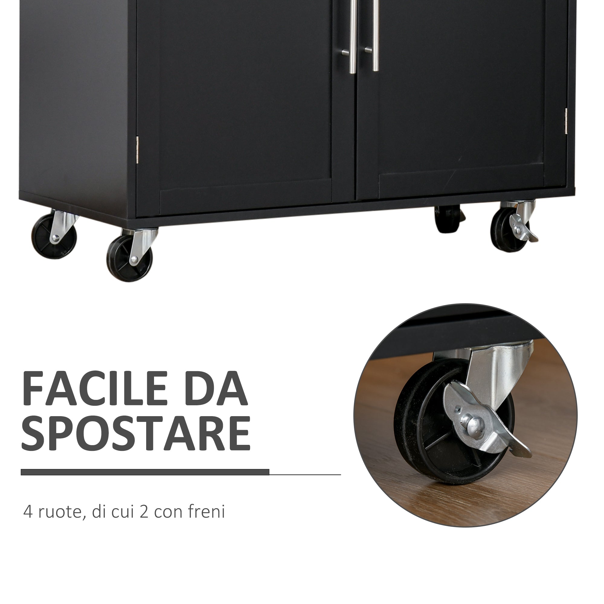 Easycomfort Carrello da Cucina with Cassetti, Portaspezie e Armadietto, Carrelloda Portata with 4 Ruote e Piano di Lavoro in Legno, 109x40x89cm, black