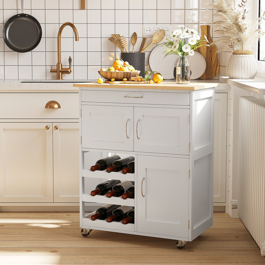 Easycomfort Carrello Portavivande, Carrellino per Cucina in Legno white with Portabottiglie 1 Cassetto e 3 Antine, 67x37x87cm