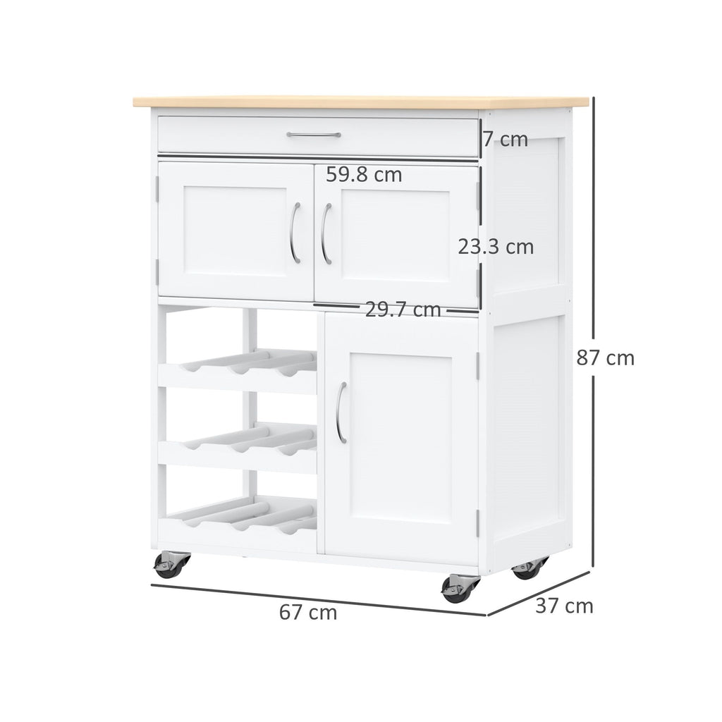 Easycomfort Carrello Portavivande, Carrellino per Cucina in Legno white with Portabottiglie 1 Cassetto e 3 Antine, 67x37x87cm