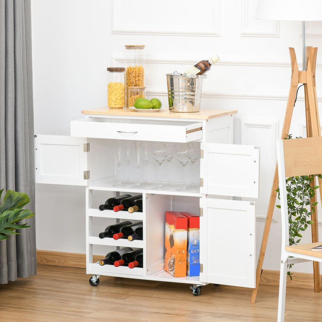 Easycomfort Carrello Portavivande, Carrellino per Cucina in Legno white with Portabottiglie 1 Cassetto e 3 Antine, 67x37x87cm
