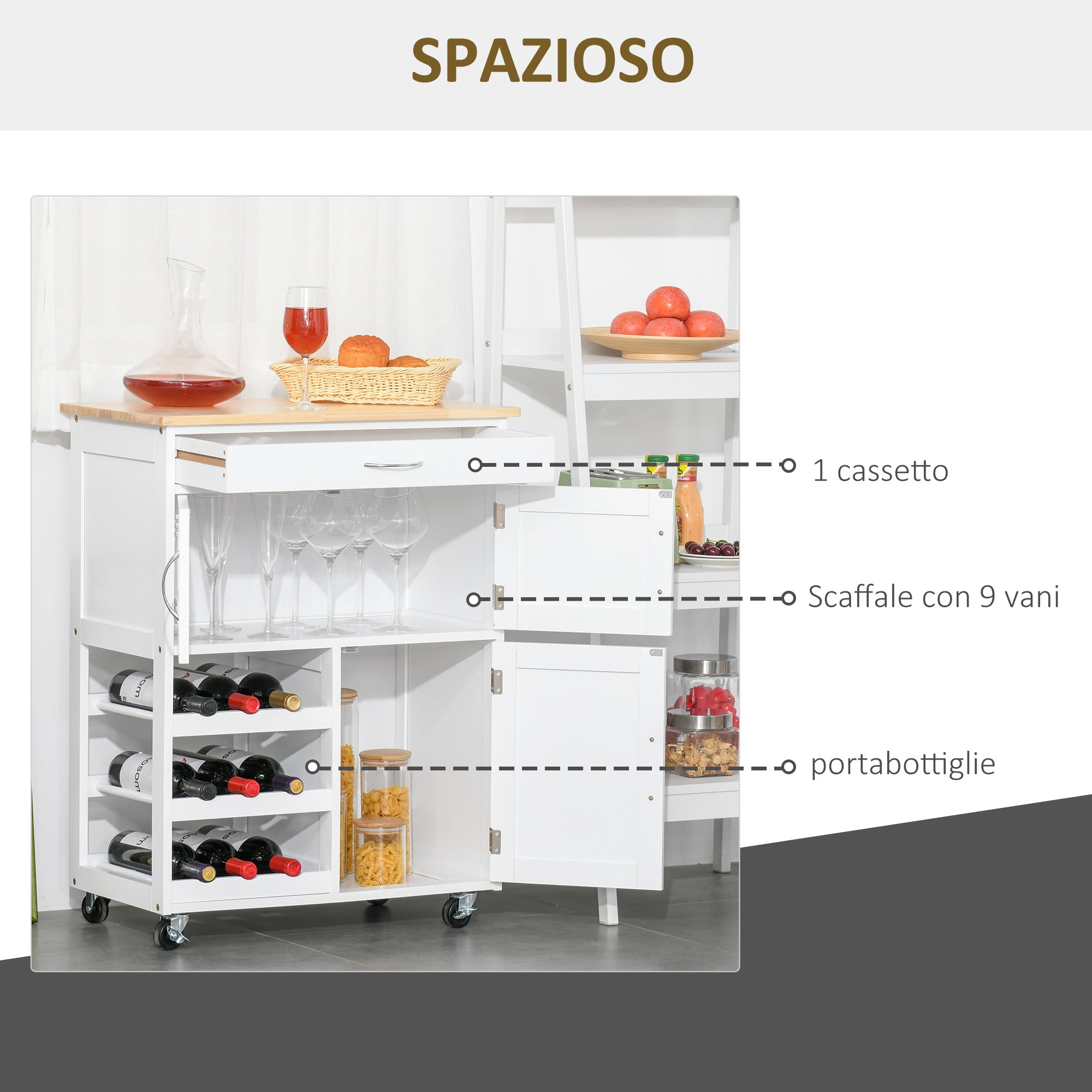 Easycomfort Carrello Portavivande, Carrellino per Cucina in Legno white with Portabottiglie 1 Cassetto e 3 Antine, 67x37x87cm