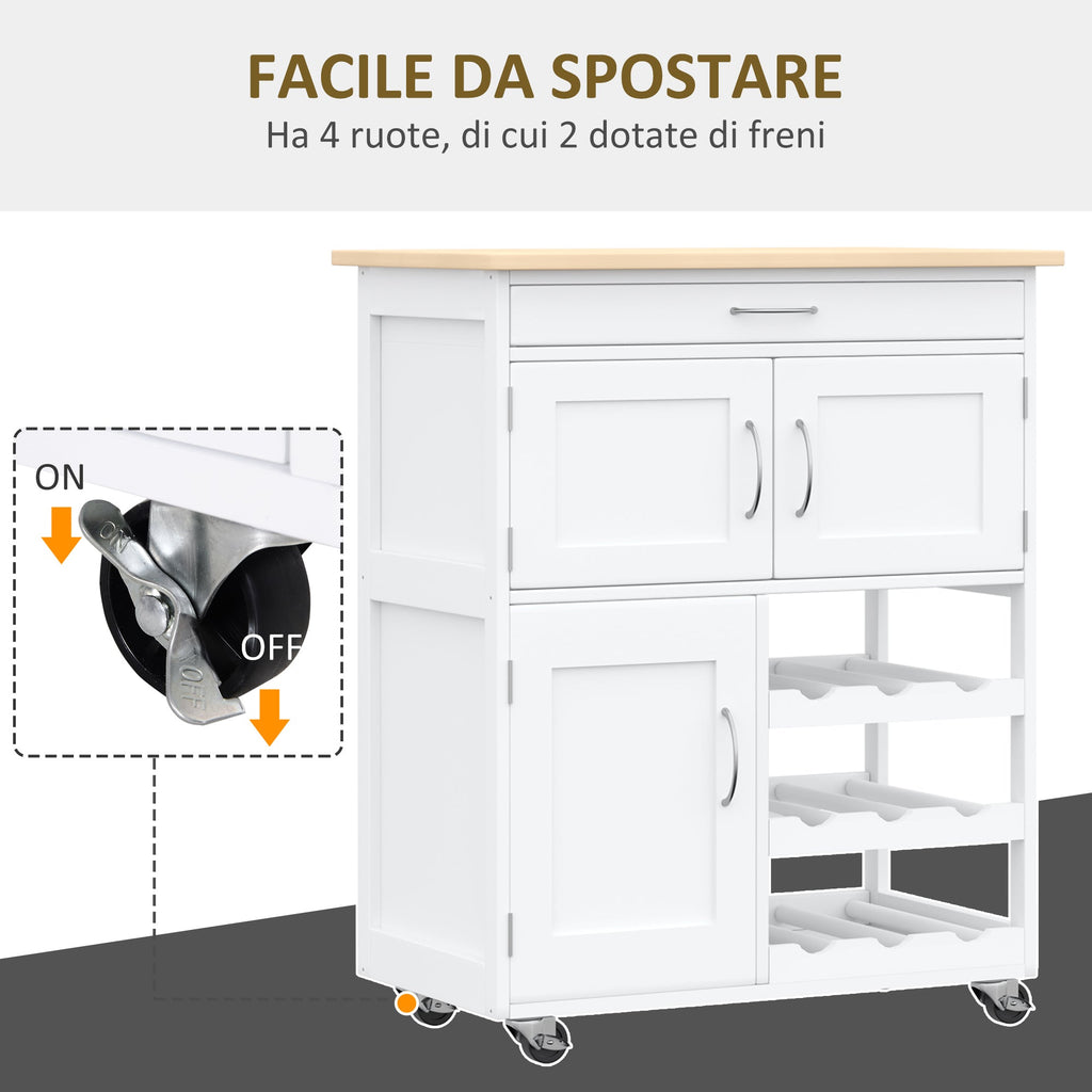 Easycomfort Carrello Portavivande, Carrellino per Cucina in Legno white with Portabottiglie 1 Cassetto e 3 Antine, 67x37x87cm