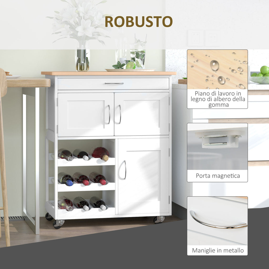 Easycomfort Carrello Portavivande, Carrellino per Cucina in Legno white with Portabottiglie 1 Cassetto e 3 Antine, 67x37x87cm