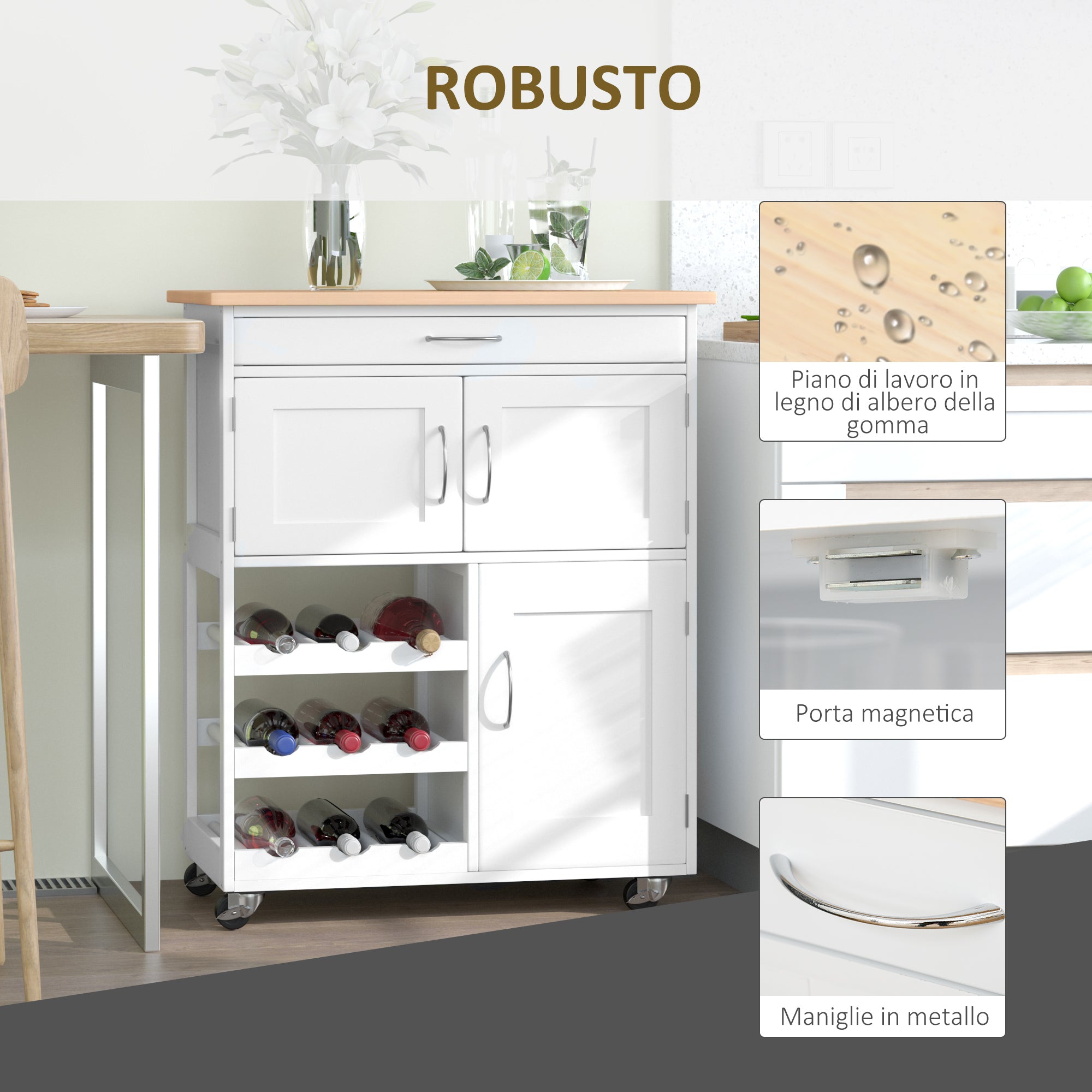 Easycomfort Carrello Portavivande, Carrellino per Cucina in Legno white with Portabottiglie 1 Cassetto e 3 Antine, 67x37x87cm
