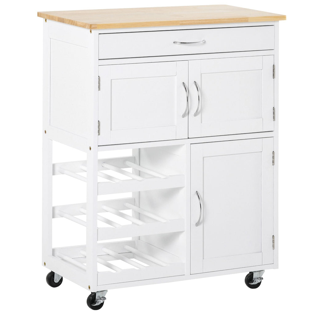 Easycomfort Carrello Portavivande, Carrellino per Cucina in Legno white with Portabottiglie 1 Cassetto e 3 Antine, 67x37x87cm