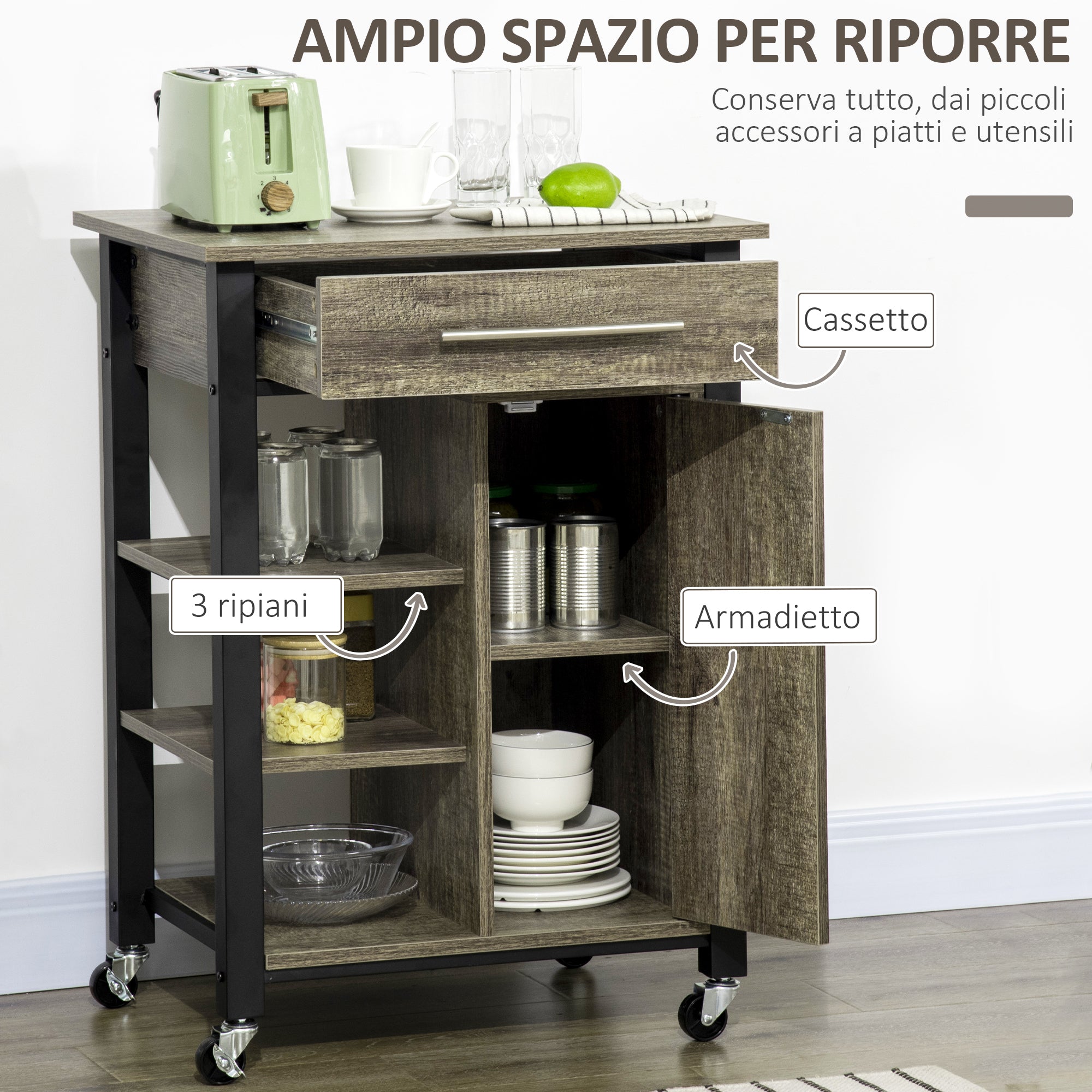 EasyComfort Carrello da Cucina Portavivande with Ruote, Legno Truciolato, 60x50x84.5cm, Marrone