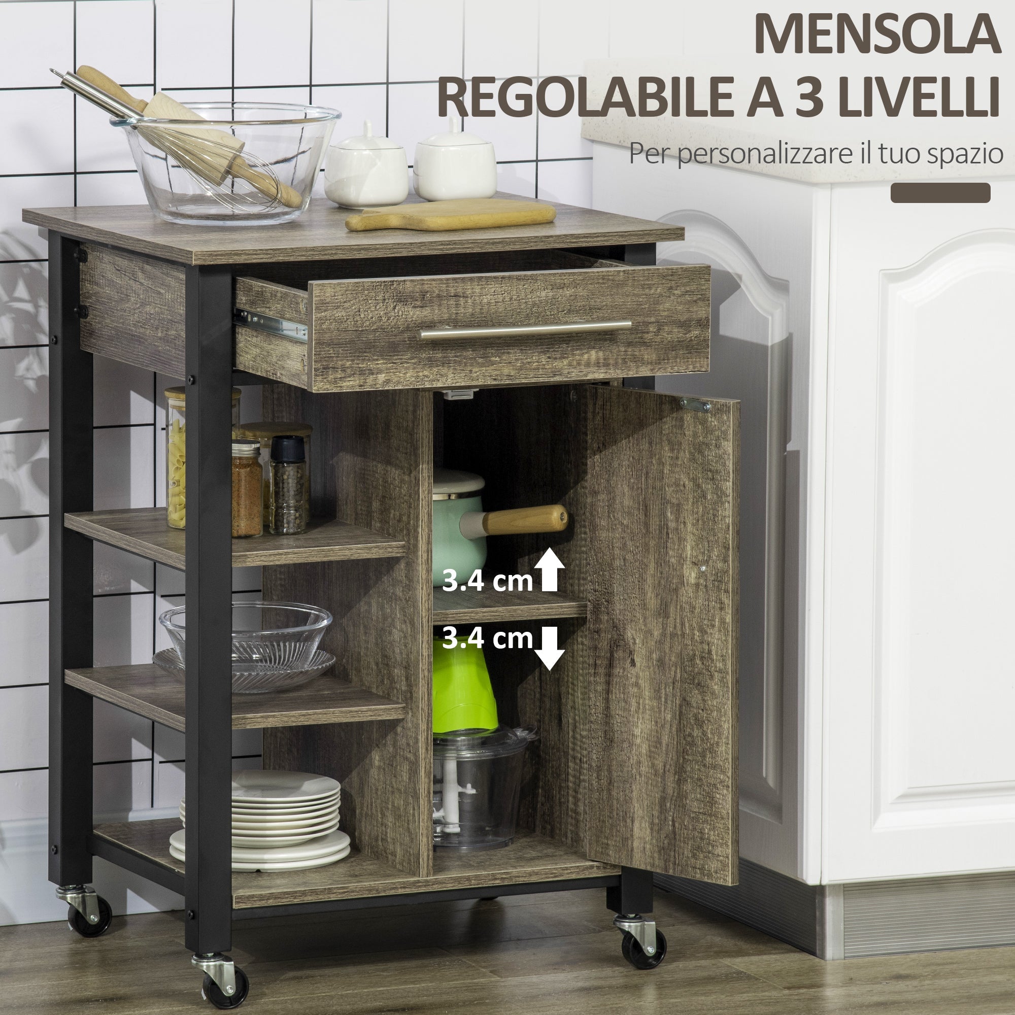 EasyComfort Carrello da Cucina Portavivande with Ruote, Legno Truciolato, 60x50x84.5cm, Marrone