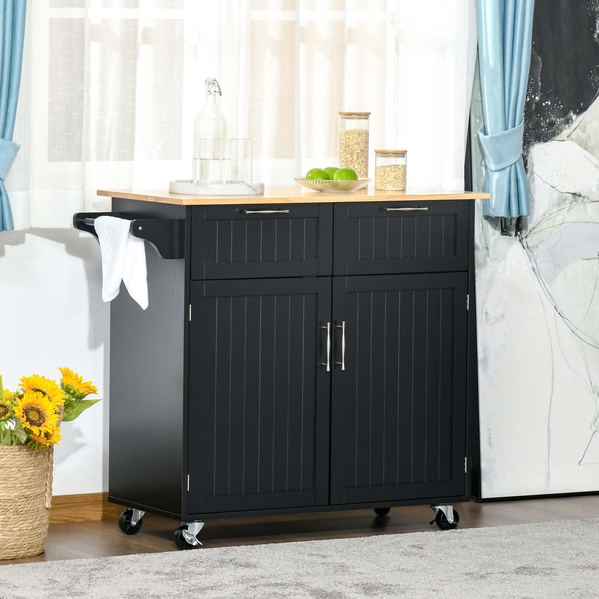 EasyComfort keukentrolley met houten blad – 2 lades, kast, 4 wielen – 104x46x91 cm zwart