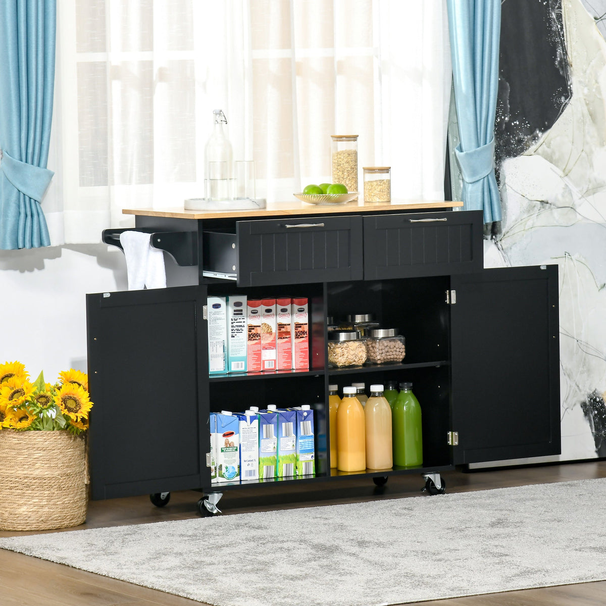 EasyComfort keukentrolley met houten blad – 2 lades, kast, 4 wielen – 104x46x91 cm zwart