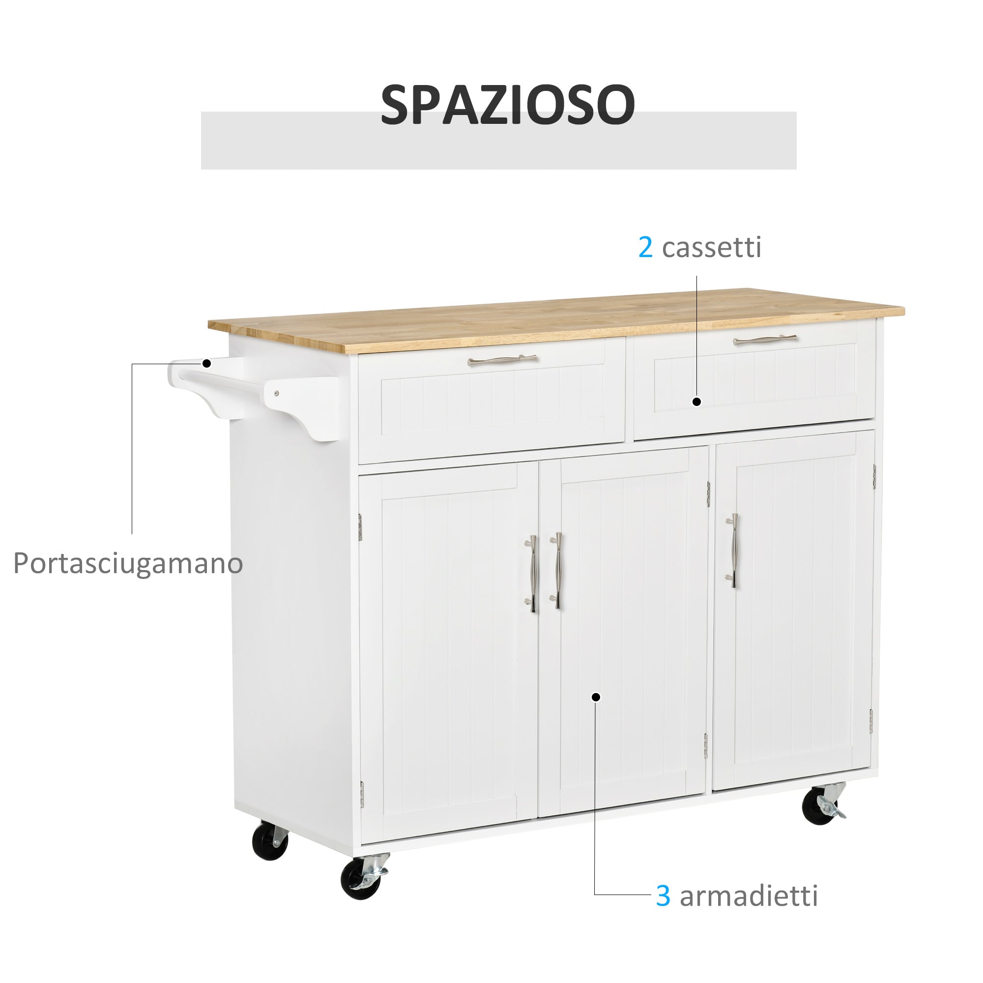 Easycomfort Carrello da Cucina Multiuso in Legno with 2 Cassetti, 3 Antine e 4 Ruote 121x46x91cm - white