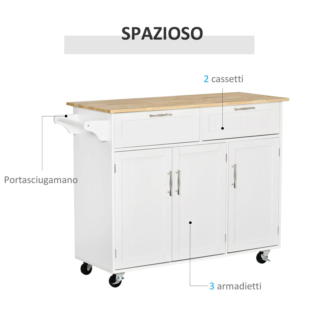 EasyComfort keukenwagen met 2 lades, 3 deuren, 4 wielen 121x46x91 cm - wit