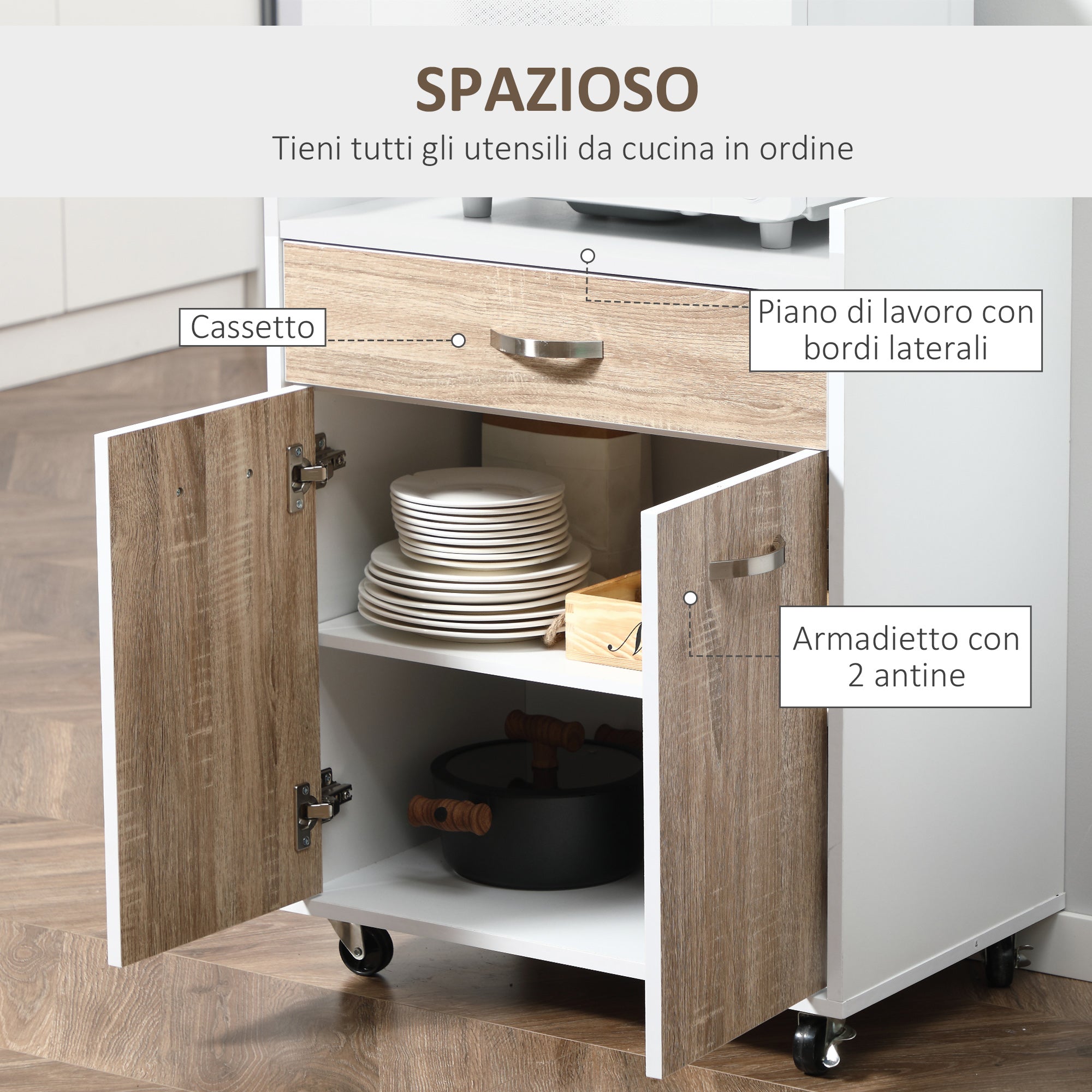 Easycomfort Carrello da Cucina Portavivande per Microonde with 4 Ruote, in Legno, 60x40x77cm - Rovere