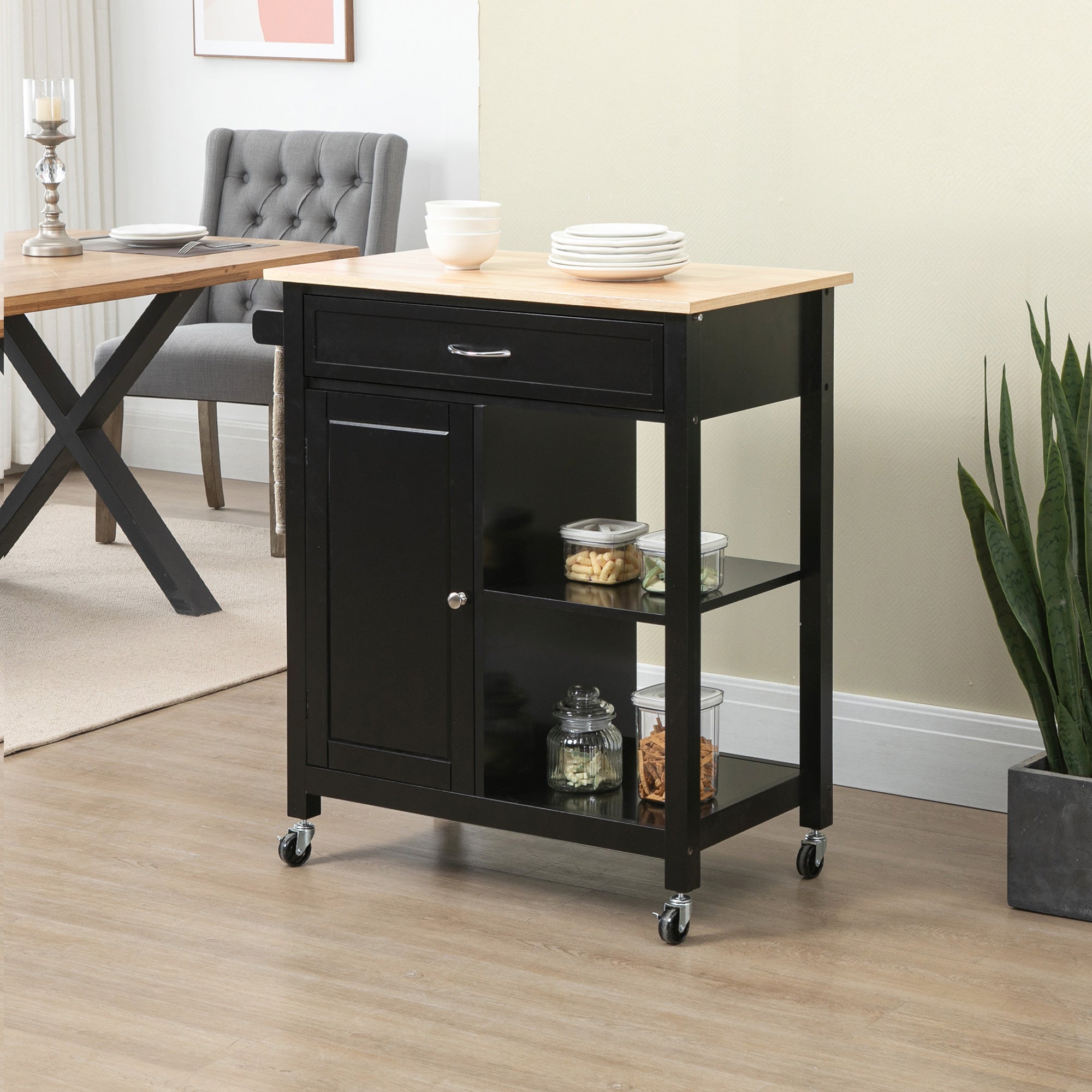Easycomfort Carrello da Cucina in Legno with Cassetto, Armadietto e Ruote, 83x45x88cm, black