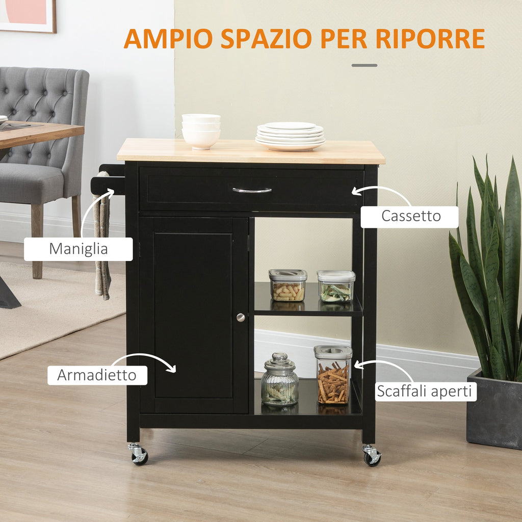 Easycomfort Carrello da Cucina in Legno with Cassetto, Armadietto e Ruote, 83x45x88cm, black
