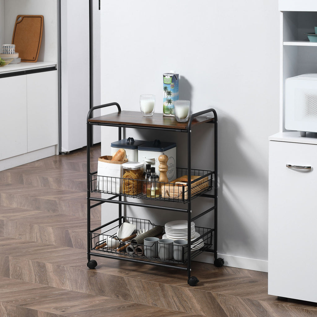 Easycomfort Carrello da Cucina Portavivande Stile Industriale with 4 Ruote, 2 Cestini e 4 Ganci, 60x38x85.5cm, Marrone black