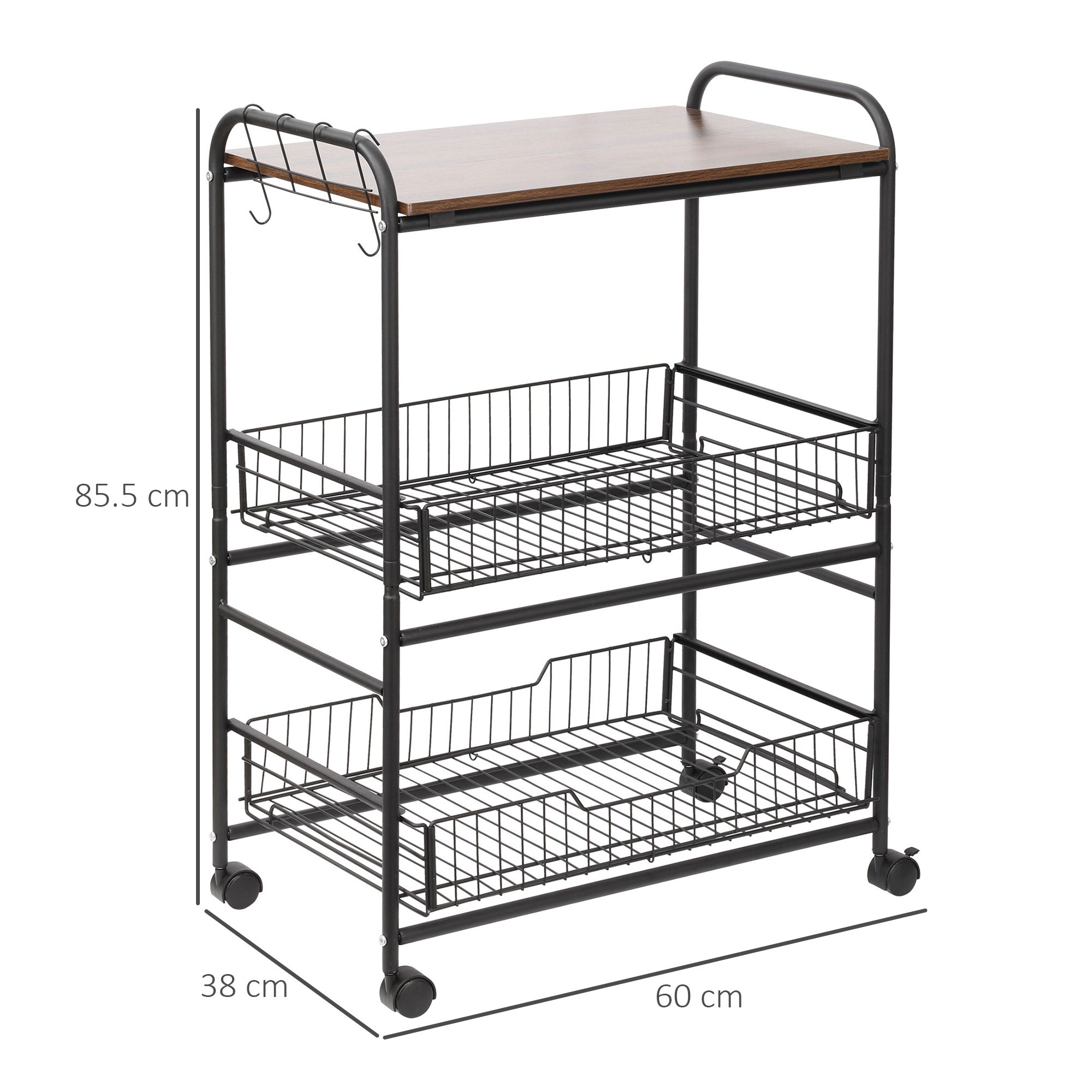 Easycomfort Carrello da Cucina Portavivande Stile Industriale with 4 Ruote, 2 Cestini e 4 Ganci, 60x38x85.5cm, Marrone black