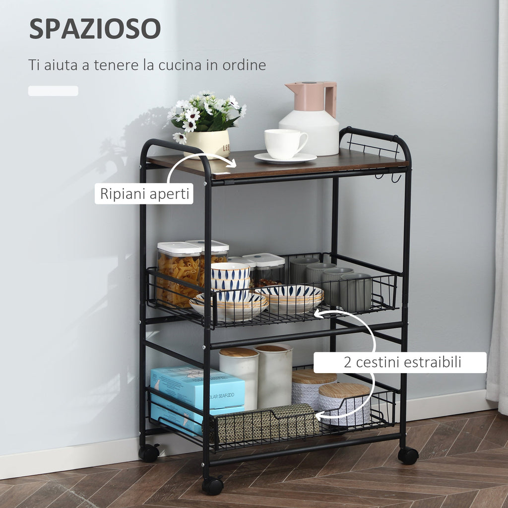 Easycomfort Carrello da Cucina Portavivande Stile Industriale with 4 Ruote, 2 Cestini e 4 Ganci, 60x38x85.5cm, Marrone black