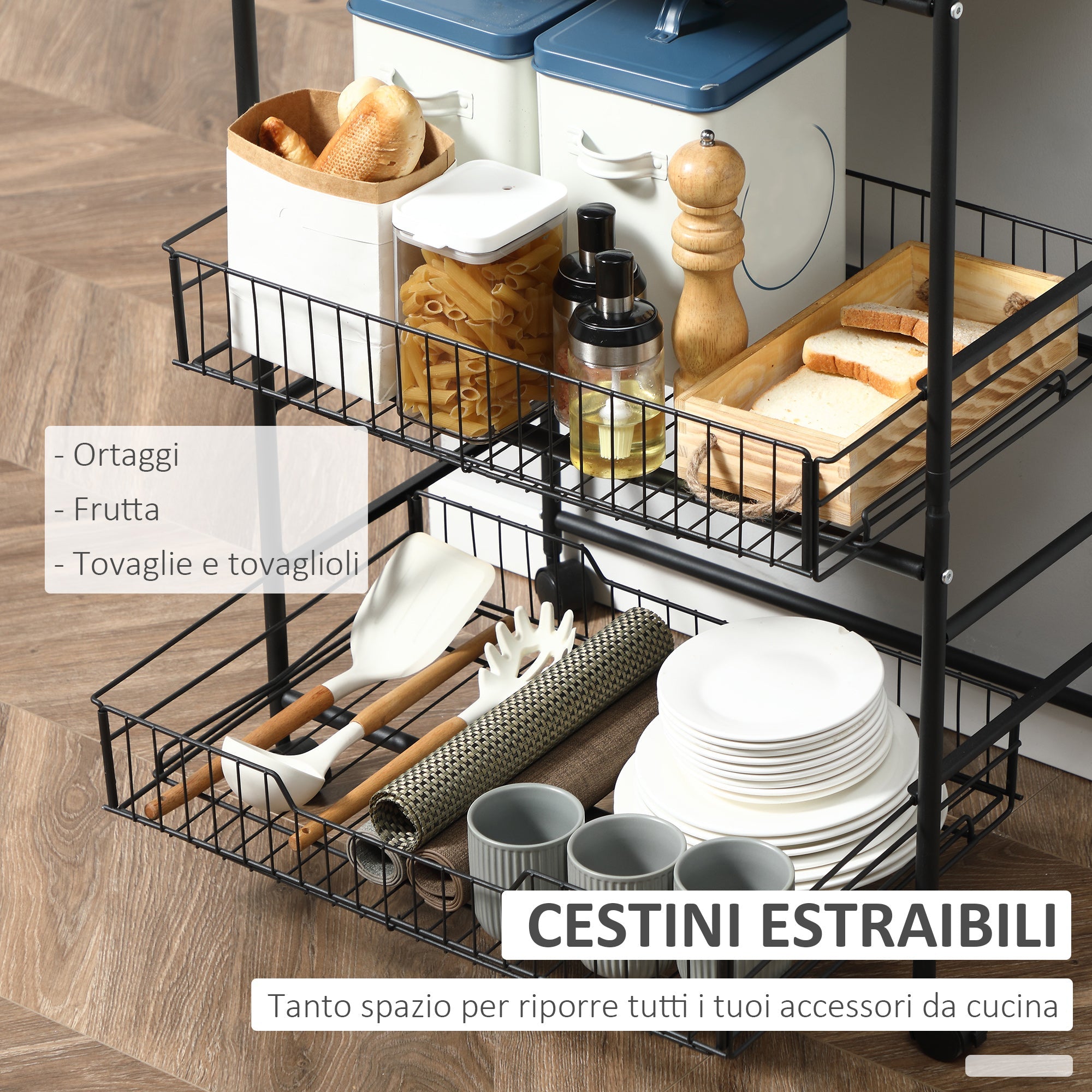 Easycomfort Carrello da Cucina Portavivande Stile Industriale with 4 Ruote, 2 Cestini e 4 Ganci, 60x38x85.5cm, Marrone black