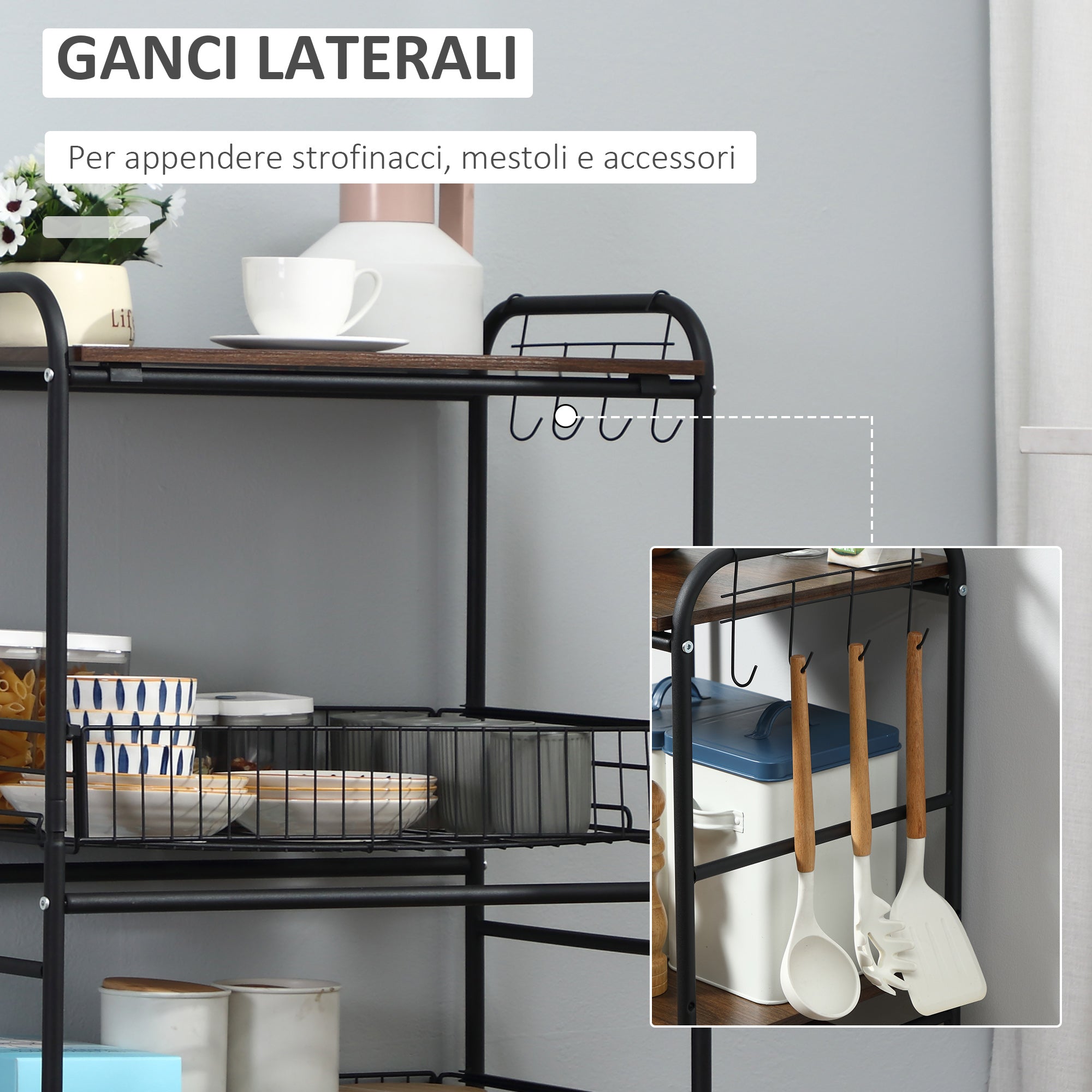 Easycomfort Carrello da Cucina Portavivande Stile Industriale with 4 Ruote, 2 Cestini e 4 Ganci, 60x38x85.5cm, Marrone black