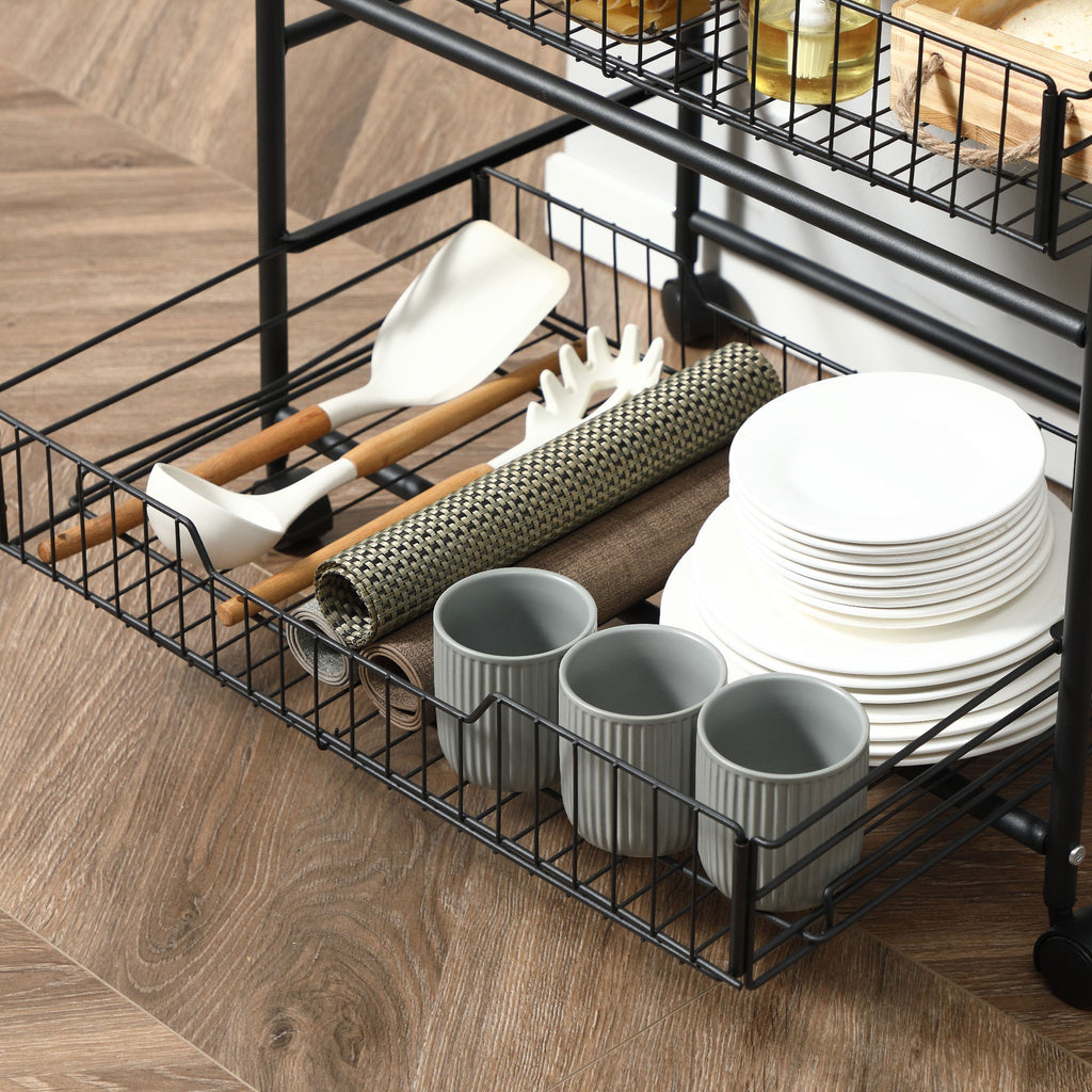 Easycomfort Carrello da Cucina Portavivande Stile Industriale with 4 Ruote, 2 Cestini e 4 Ganci, 60x38x85.5cm, Marrone black