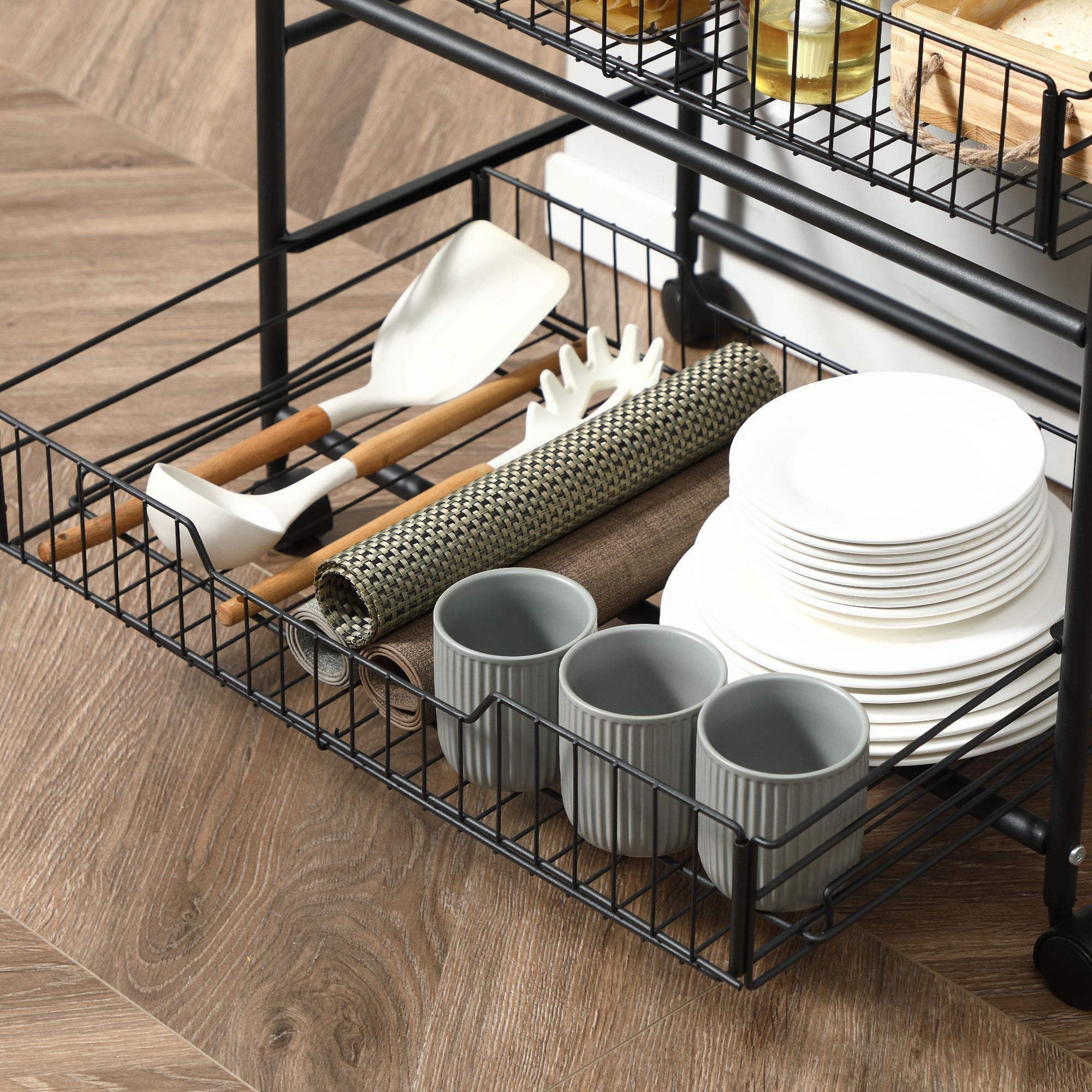 Easycomfort Carrello da Cucina Portavivande Stile Industriale with 4 Ruote, 2 Cestini e 4 Ganci, 60x38x85.5cm, Marrone black