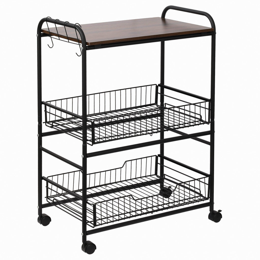 Easycomfort Carrello da Cucina Portavivande Stile Industriale with 4 Ruote, 2 Cestini e 4 Ganci, 60x38x85.5cm, Marrone black