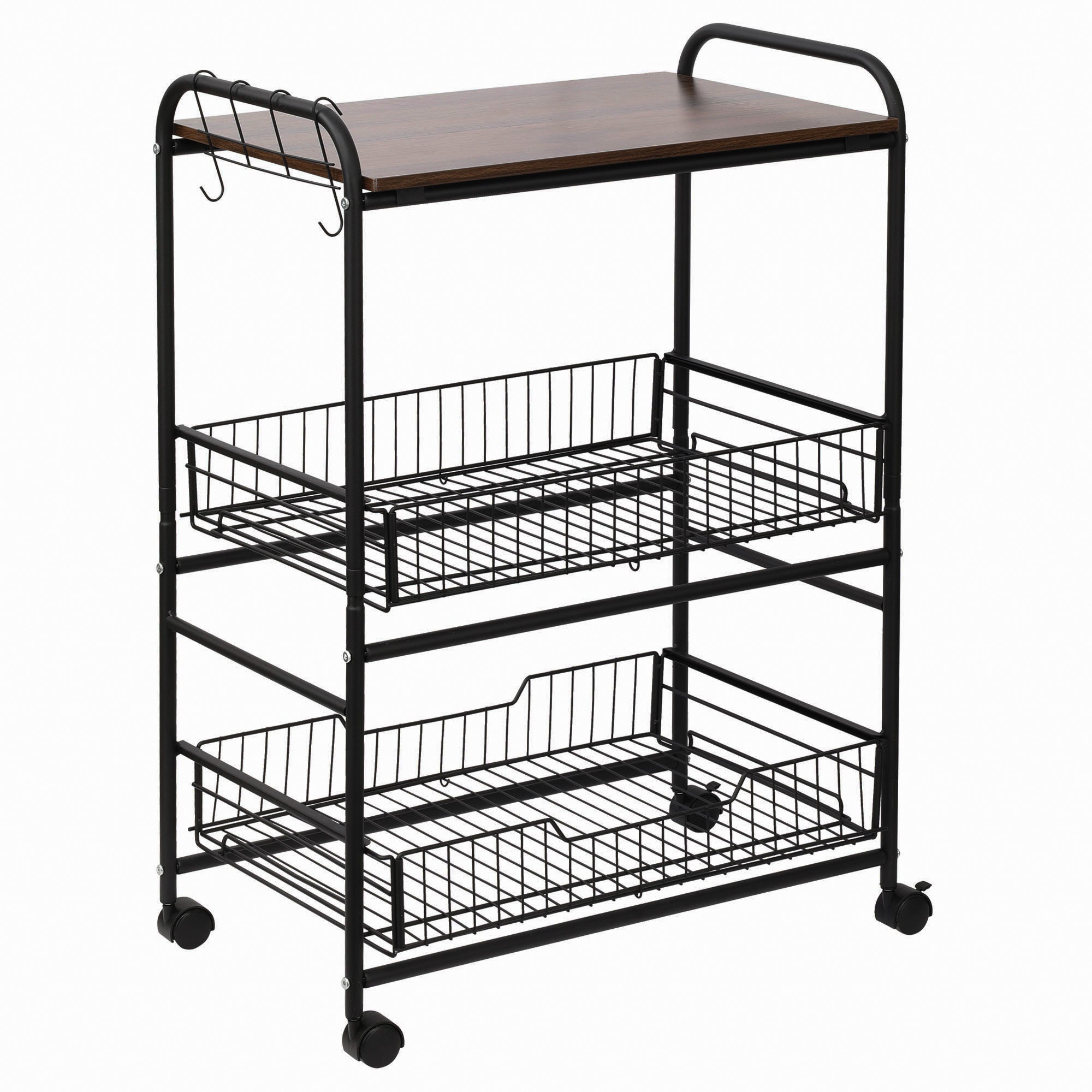 Easycomfort Carrello da Cucina Portavivande Stile Industriale with 4 Ruote, 2 Cestini e 4 Ganci, 60x38x85.5cm, Marrone black