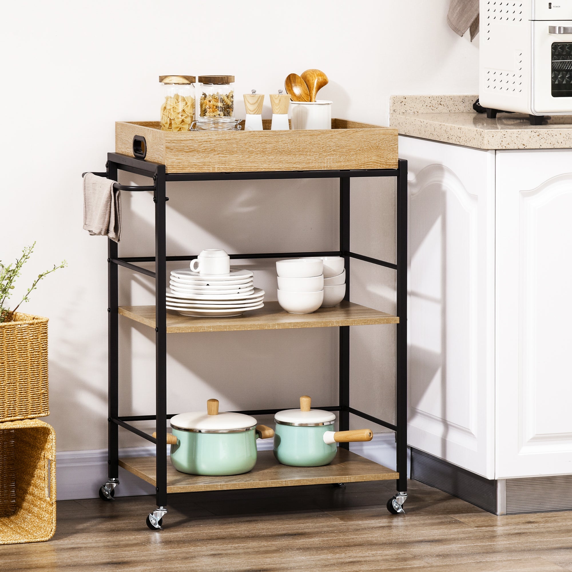 Easycomfort Carrello da Cucina a 3 Ripiani with Vassoio Rimovibile e Ruote Girevoli, 72x40x94cm, Legno e black