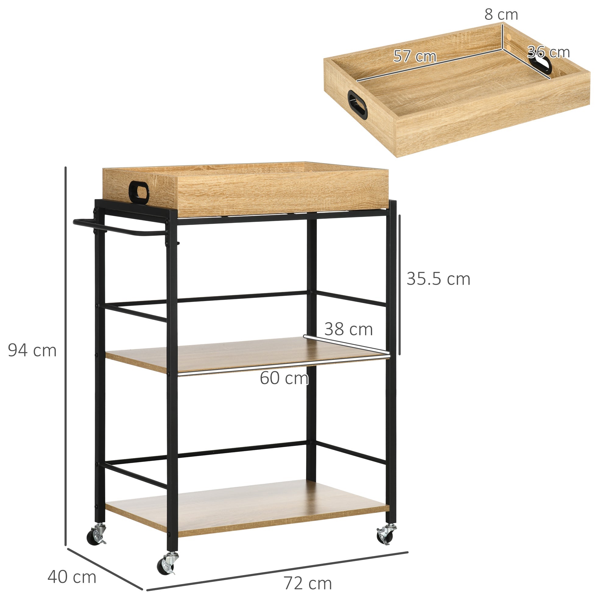 Easycomfort Carrello da Cucina a 3 Ripiani with Vassoio Rimovibile e Ruote Girevoli, 72x40x94cm, Legno e black