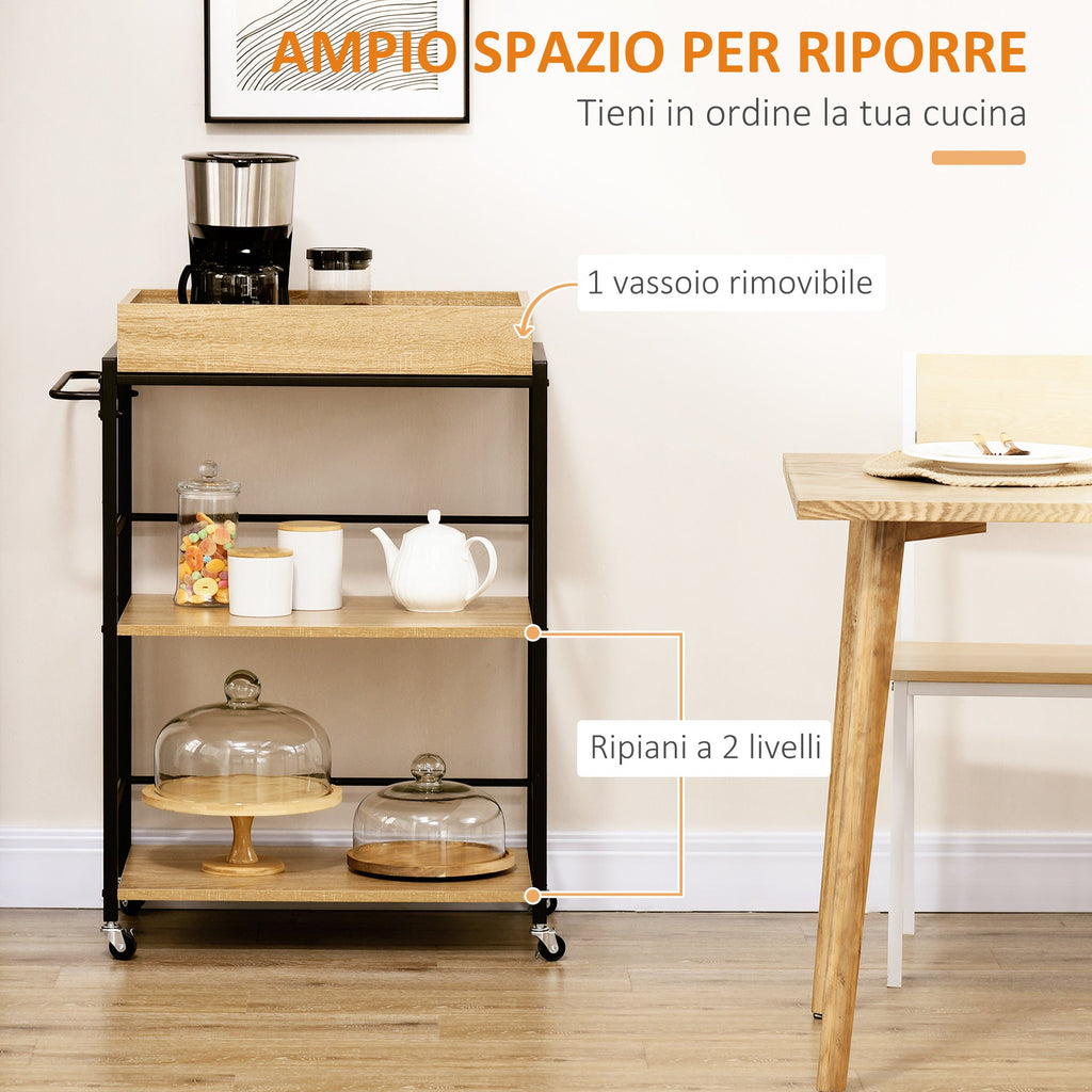 Easycomfort Carrello da Cucina a 3 Ripiani with Vassoio Rimovibile e Ruote Girevoli, 72x40x94cm, Legno e black