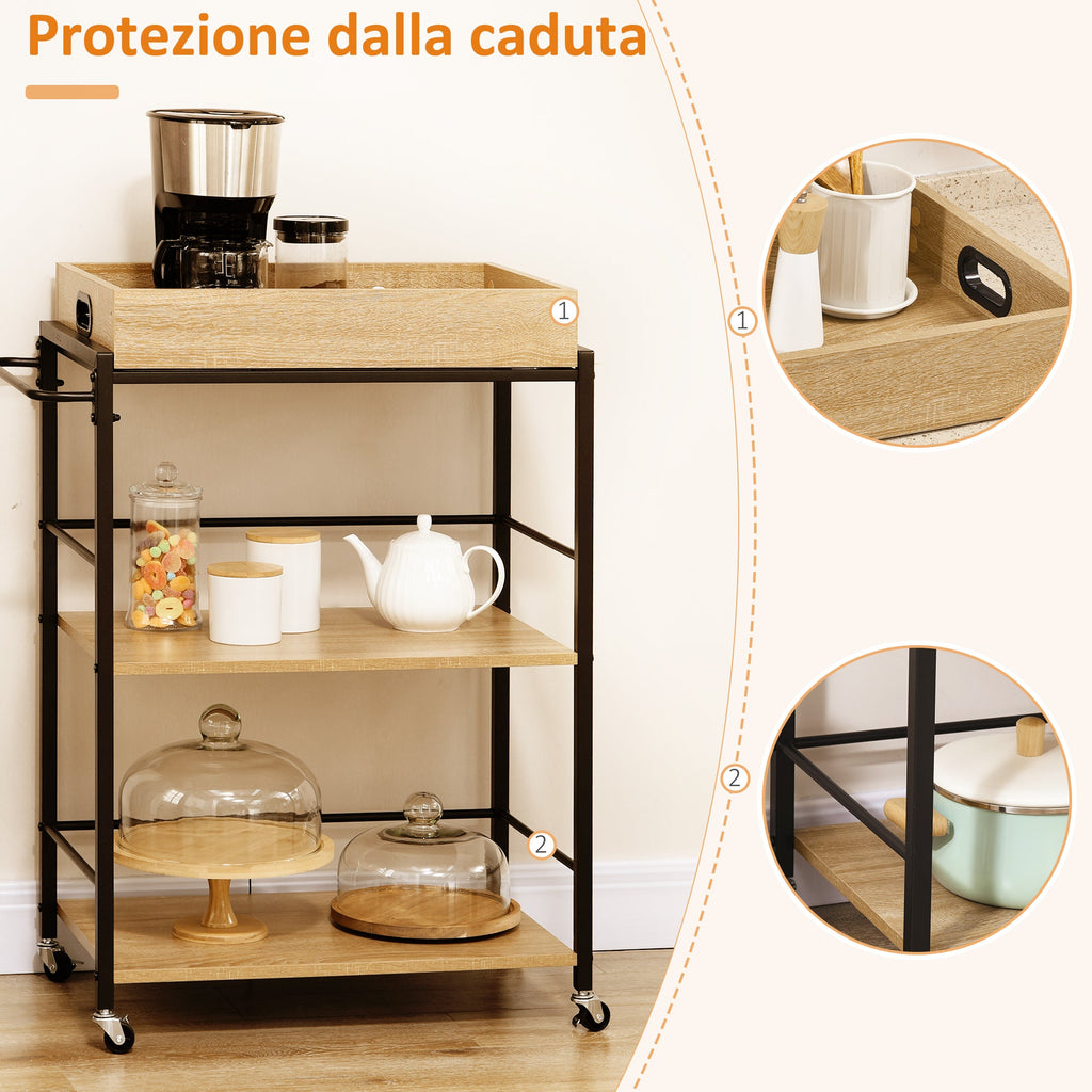 Easycomfort Carrello da Cucina a 3 Ripiani with Vassoio Rimovibile e Ruote Girevoli, 72x40x94cm, Legno e black