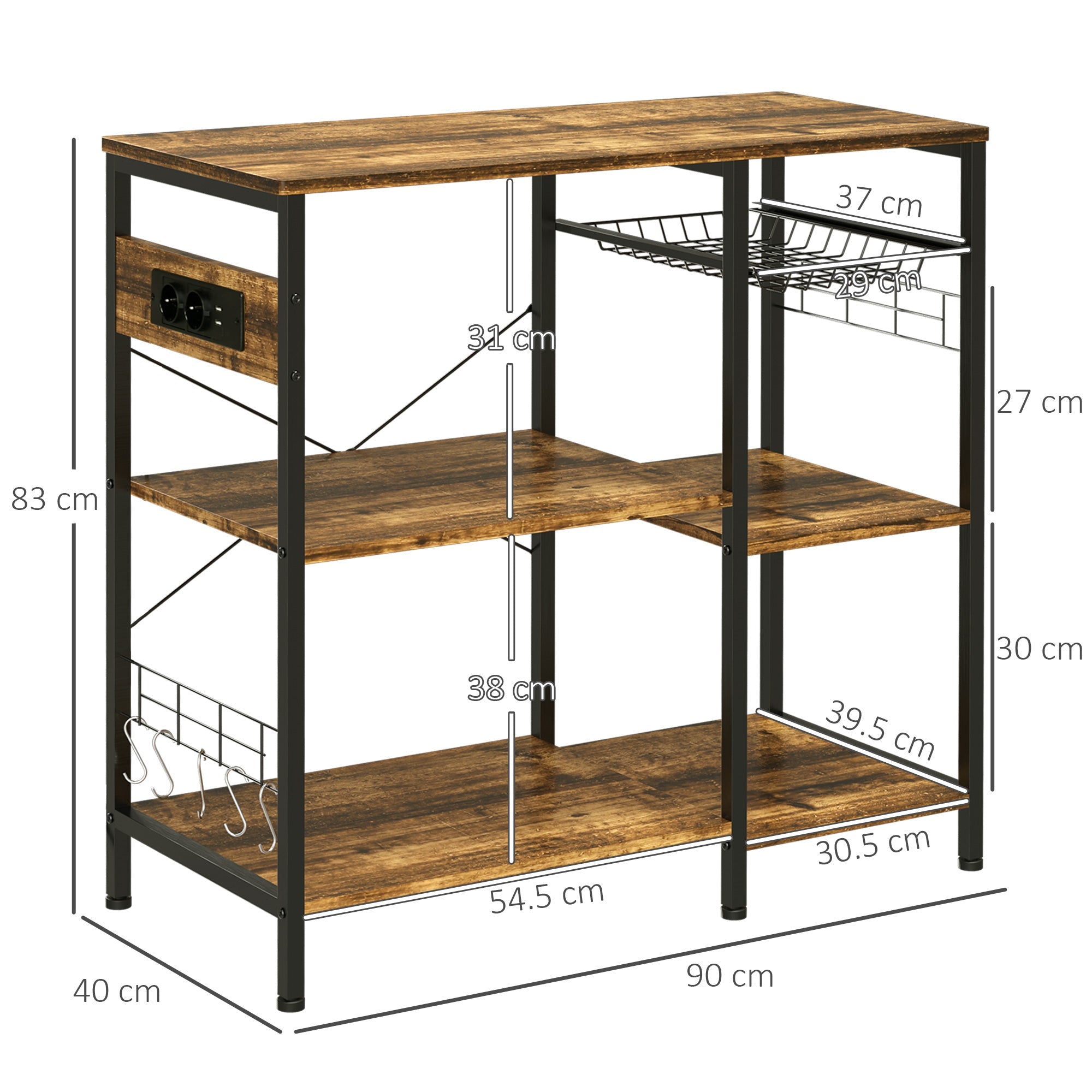 EasyComfort Keukenmeubel 3 planken met stopcontact & USB 90x40x83 cm