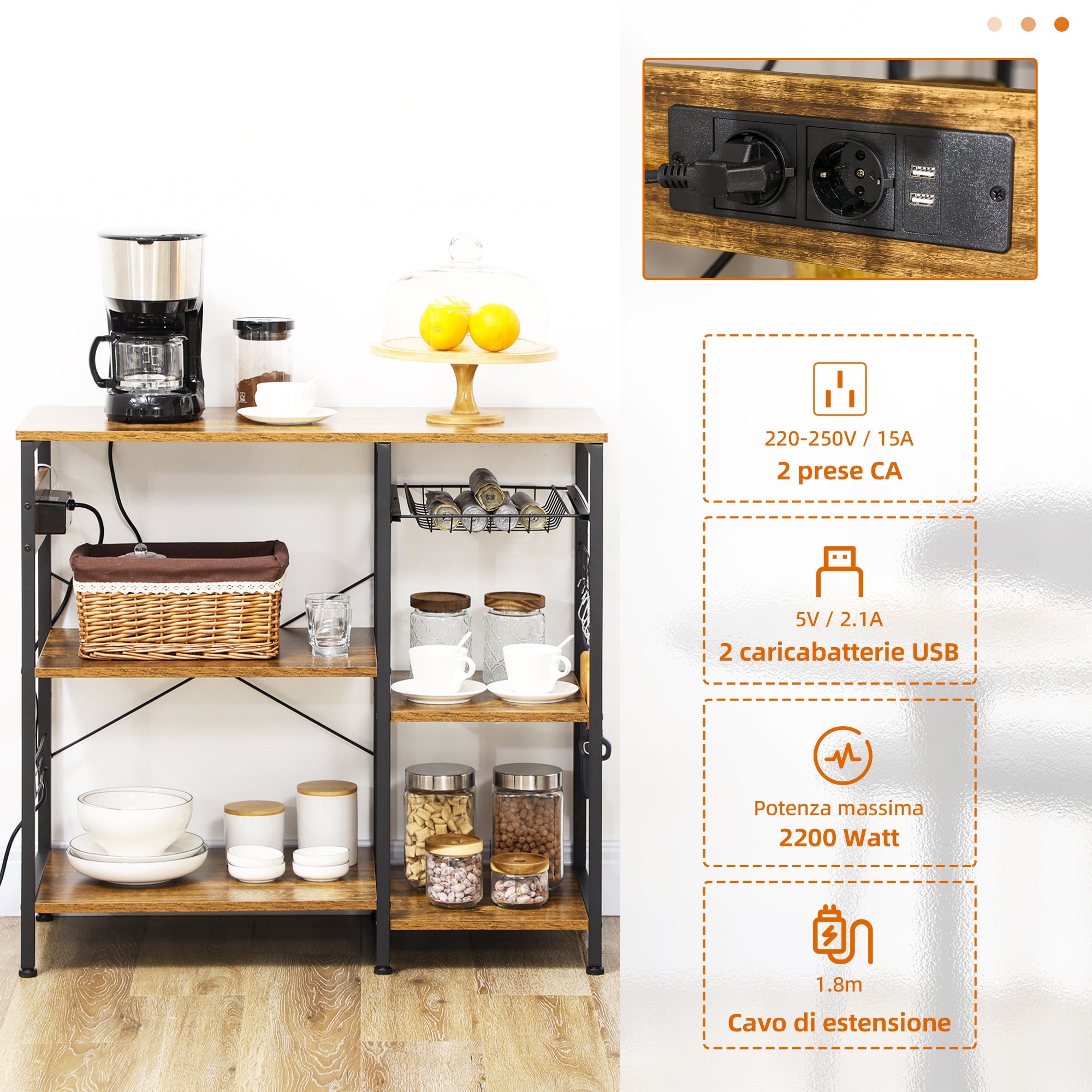 EasyComfort Keukenmeubel 3 planken met stopcontact & USB 90x40x83 cm