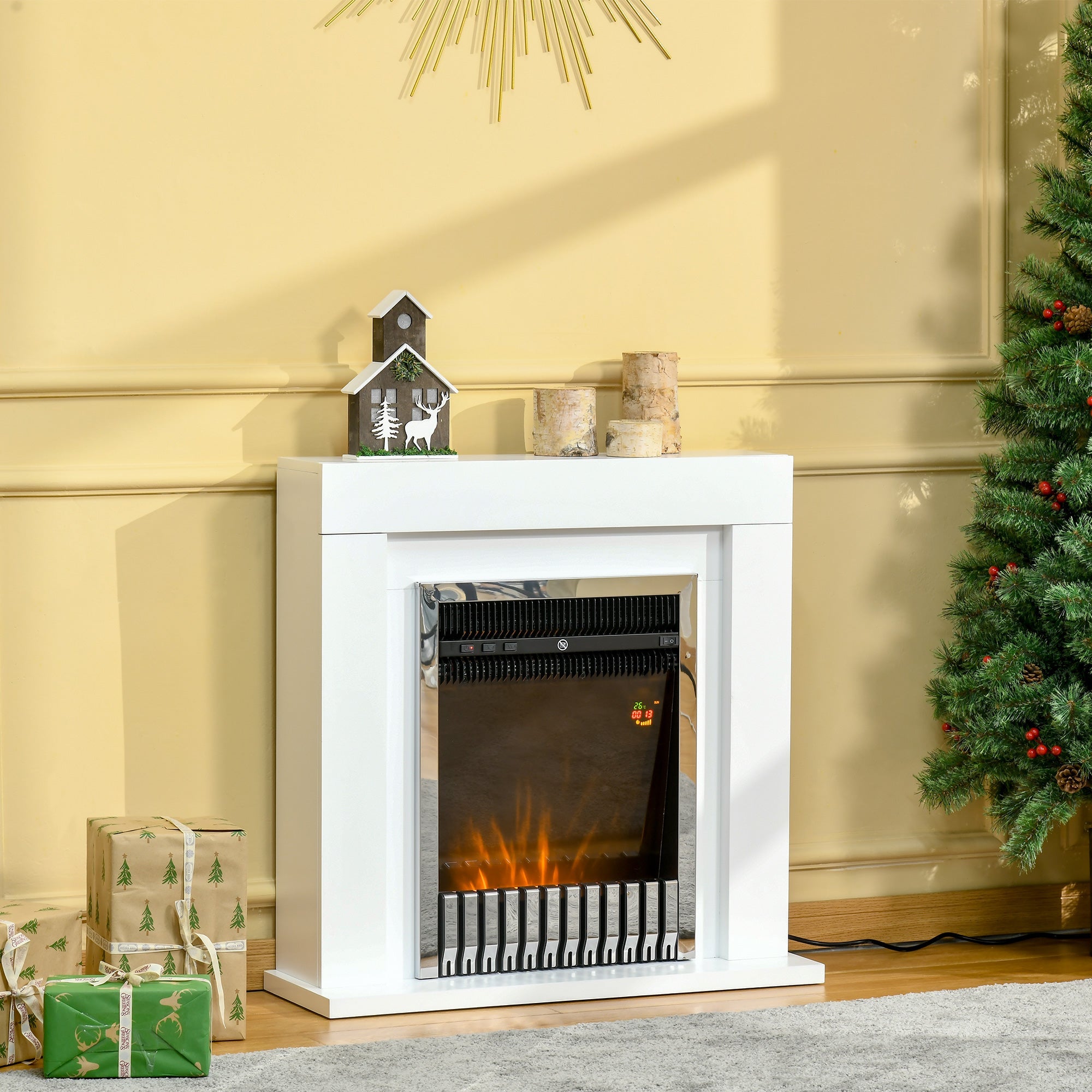 Easycomfort Camino Elettrico da Terra with Effetto Fiamma Realistico, Timer e Telecomando, 1000W e 2000W, 79x26x77.5cm, white e black