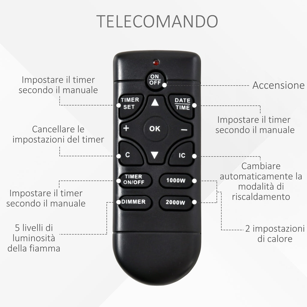 Easycomfort Camino Elettrico da Terra with Effetto Fiamma Realistico, Timer e Telecomando, 1000W e 2000W, 79x26x77.5cm, white e black