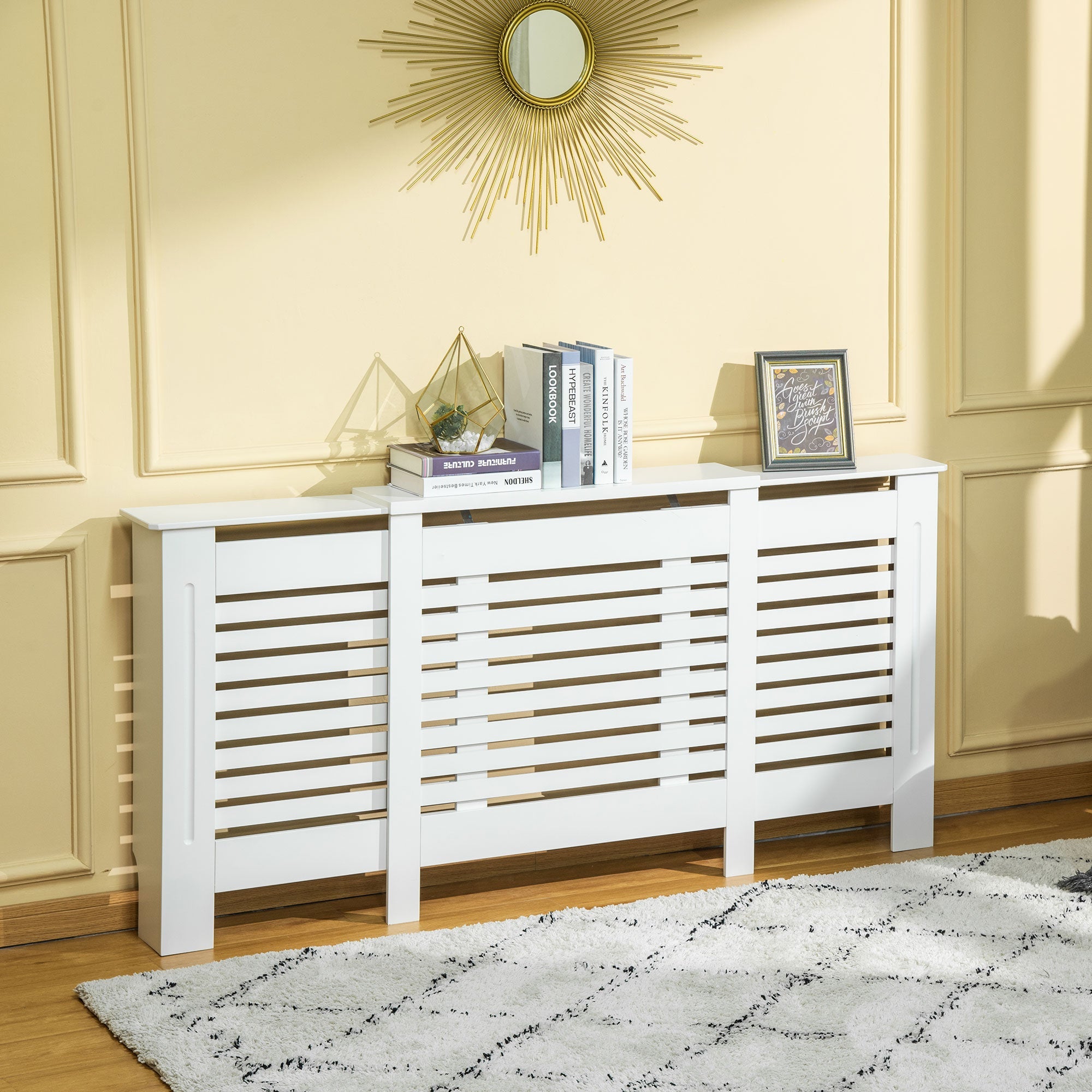 EASYCOMFORT Mobile Heater Cover Adjustable Width and Top Shelf in MDF and Wood - White